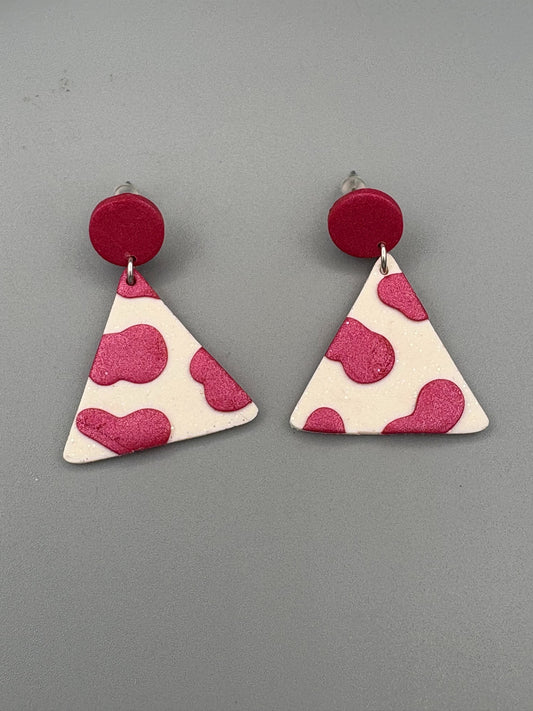 Pink Cow Print Triangle Dangle Earrings - handcrafted polymer clay earrings by Lakeside Clay
