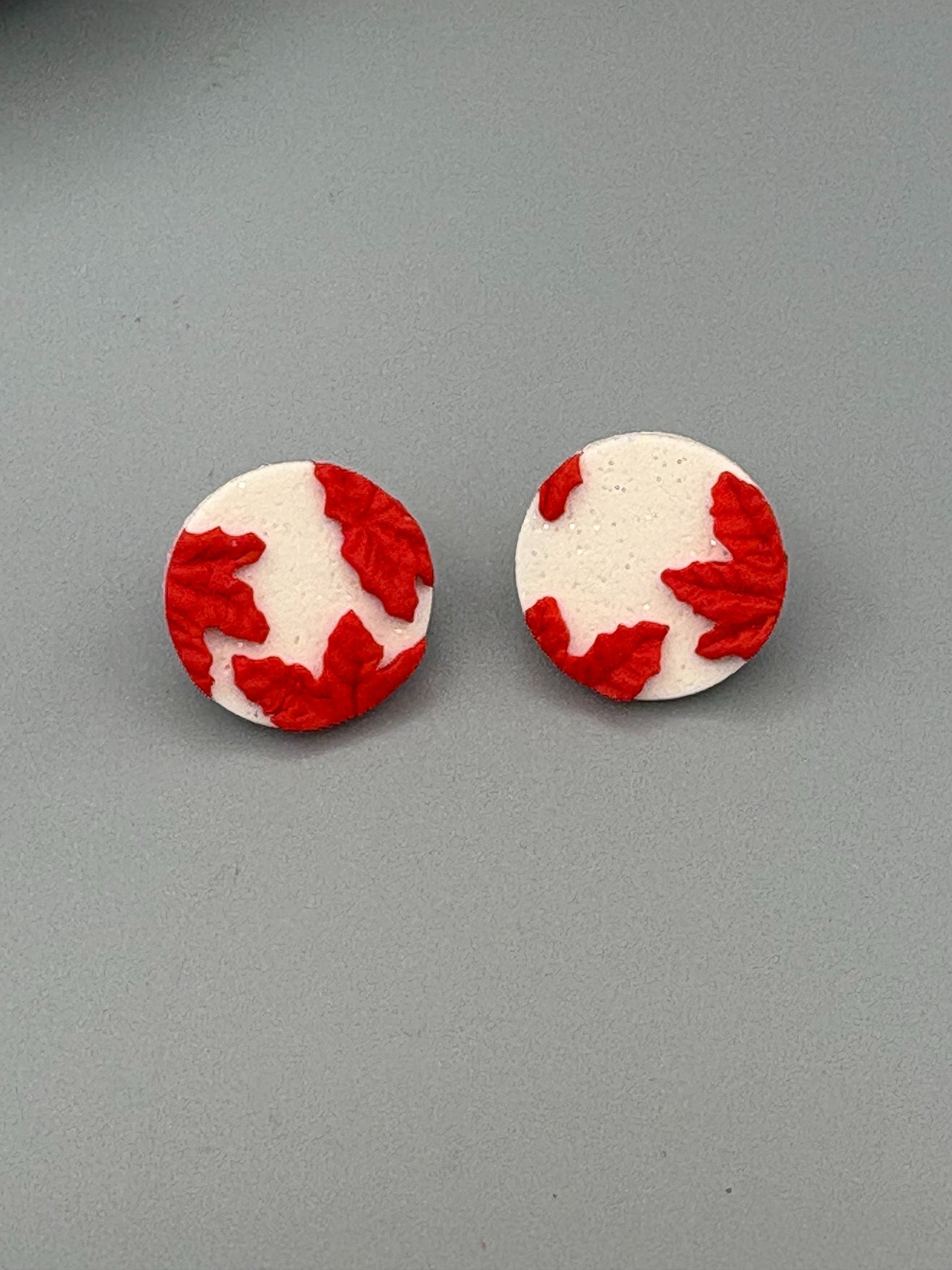 Maple Leaf Collage Circles - handcrafted polymer clay earrings by Lakeside Clay