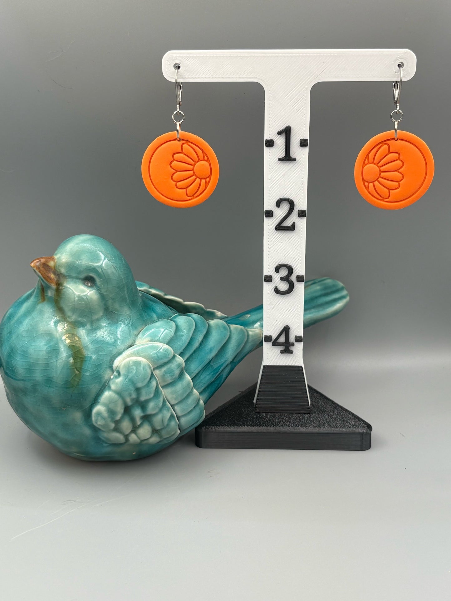 Orange Flower Circle Dangle Earrings - handcrafted polymer clay earrings by Lakeside Clay