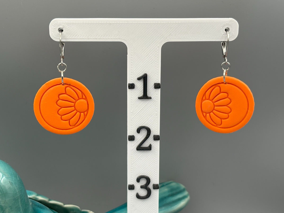 Orange Flower Circle Dangle Earrings - handcrafted polymer clay earrings by Lakeside Clay
