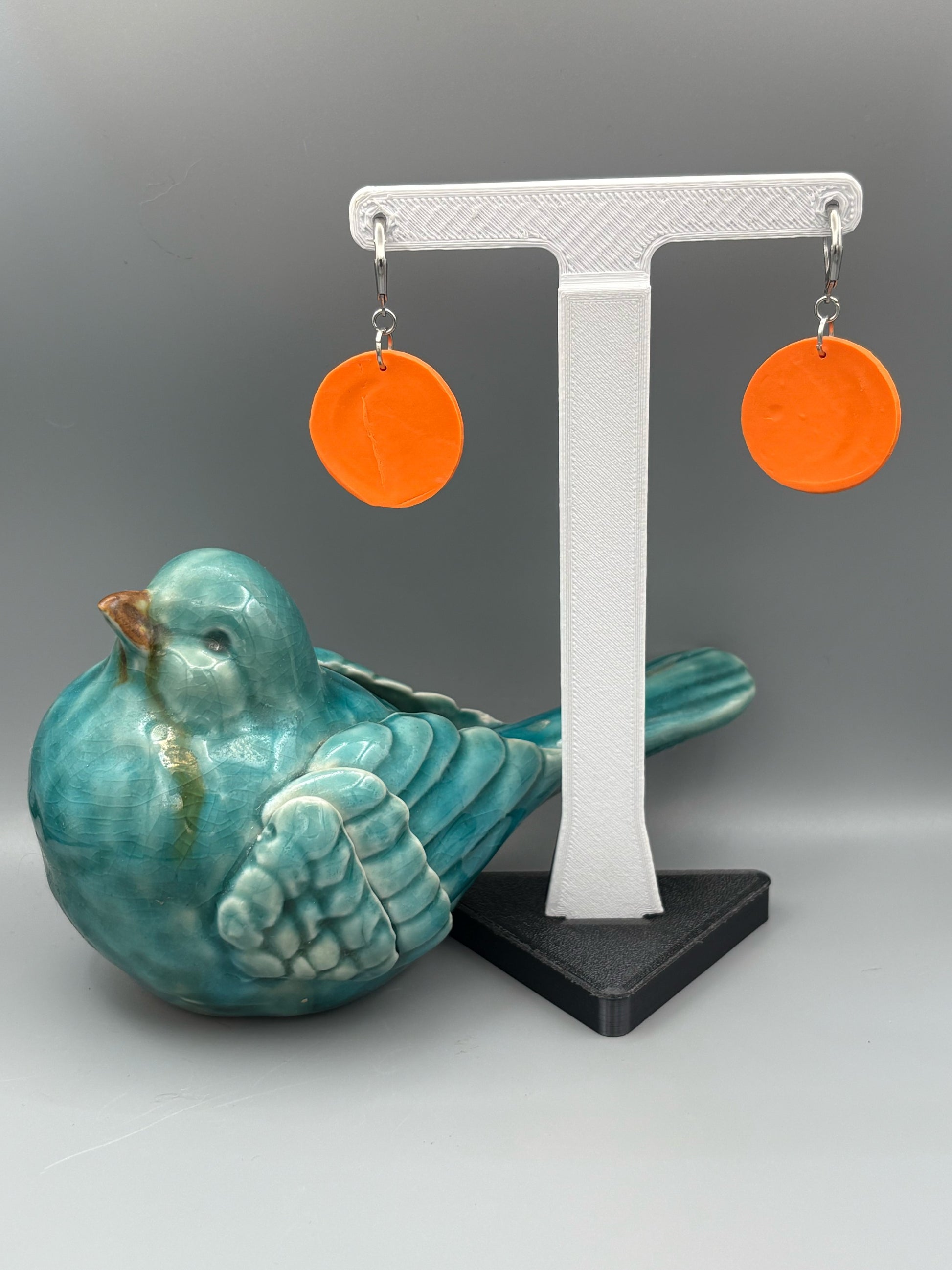 Orange Flower Circle Dangle Earrings - handcrafted polymer clay earrings by Lakeside Clay