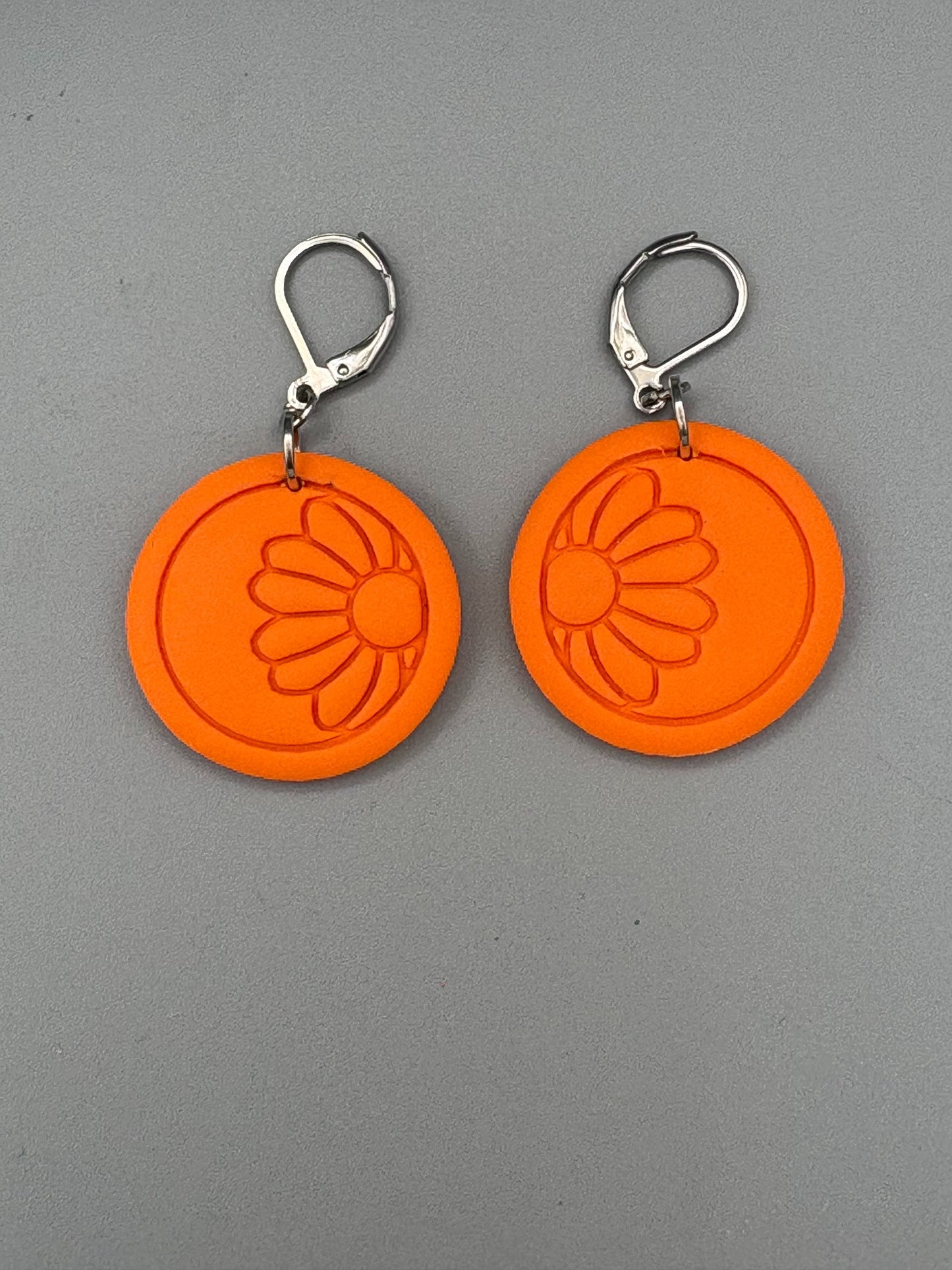 Orange Flower Circle Dangle Earrings - handcrafted polymer clay earrings by Lakeside Clay