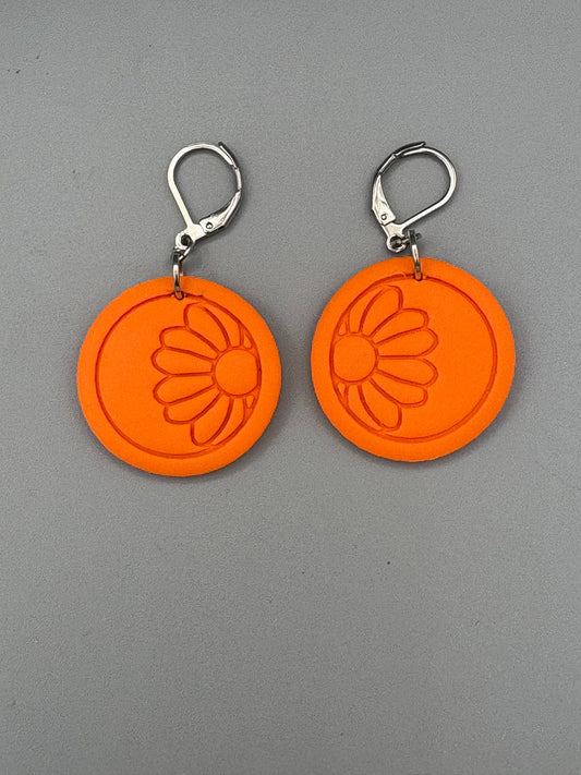 Orange Flower Circle Dangle Earrings - handcrafted polymer clay earrings by Lakeside Clay