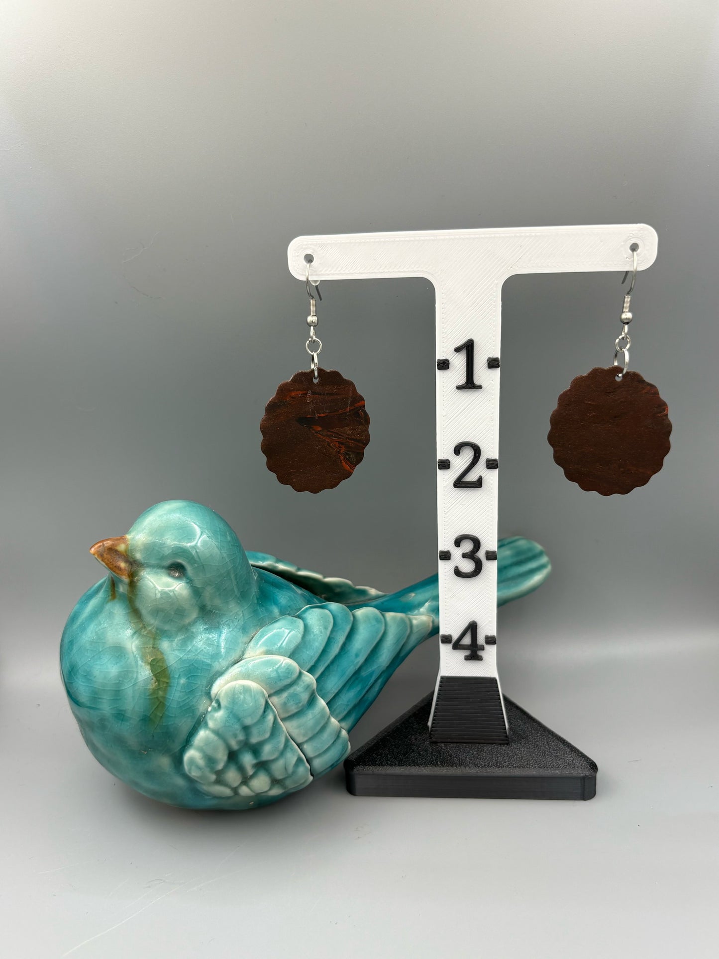 Mahogany Scalloped Circle Dangle Earrings - handcrafted polymer clay earrings by Lakeside Clay