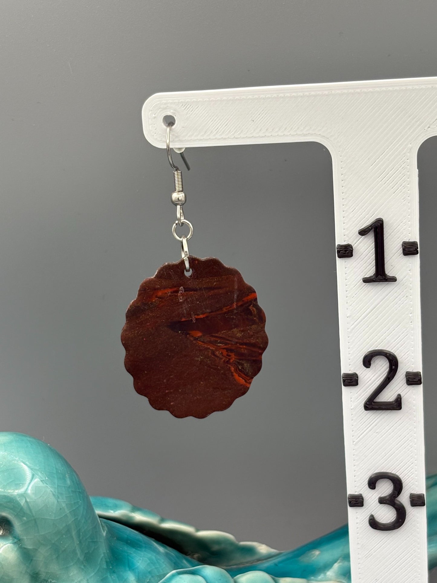 Mahogany Scalloped Circle Dangle Earrings - handcrafted polymer clay earrings by Lakeside Clay