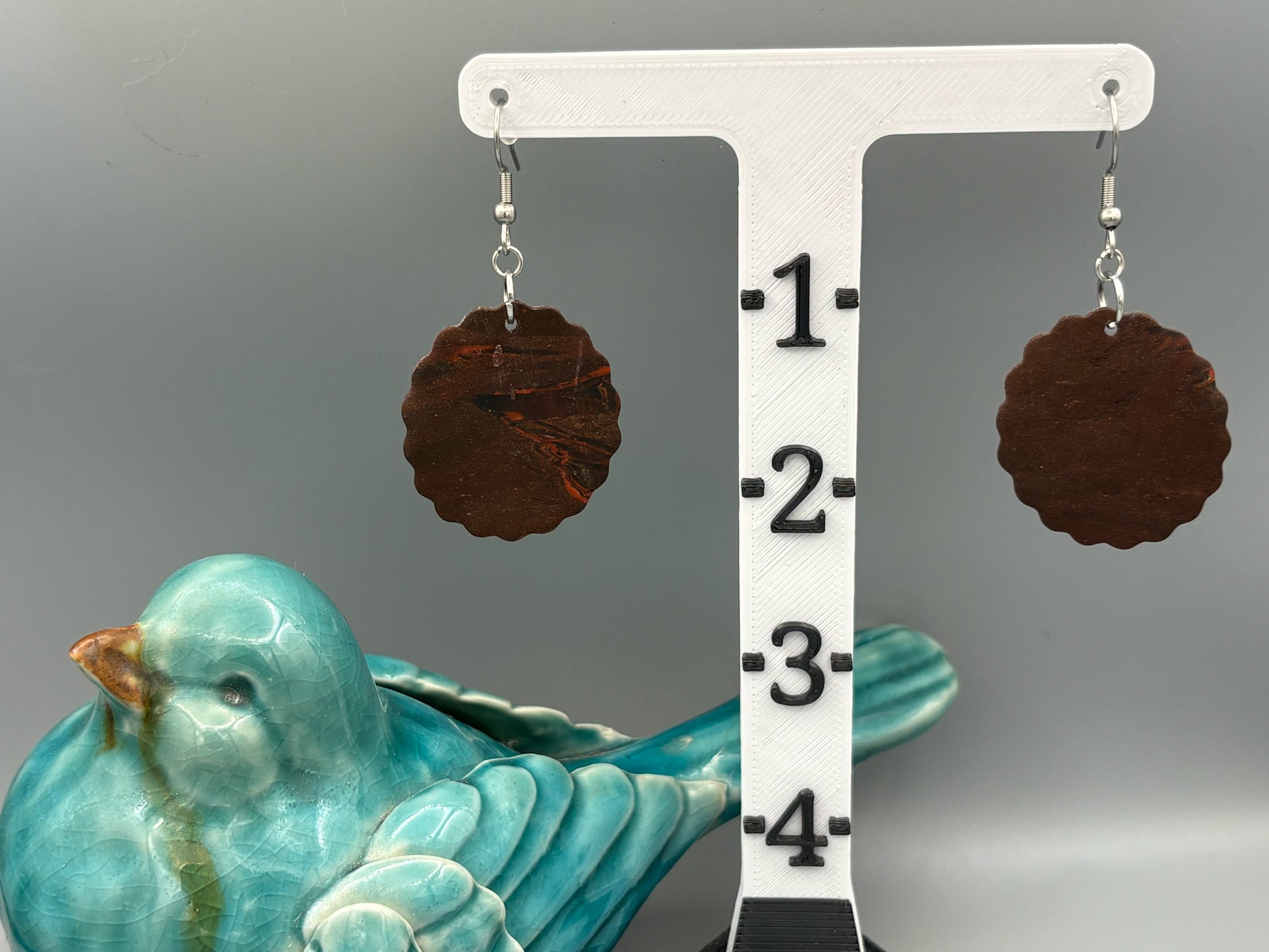 Mahogany Scalloped Circle Dangle Earrings - handcrafted polymer clay earrings by Lakeside Clay