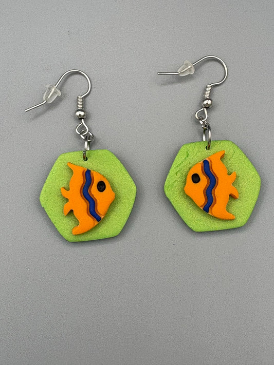 Orange Fish Dangle Earrings - handcrafted polymer clay earrings by Lakeside Clay