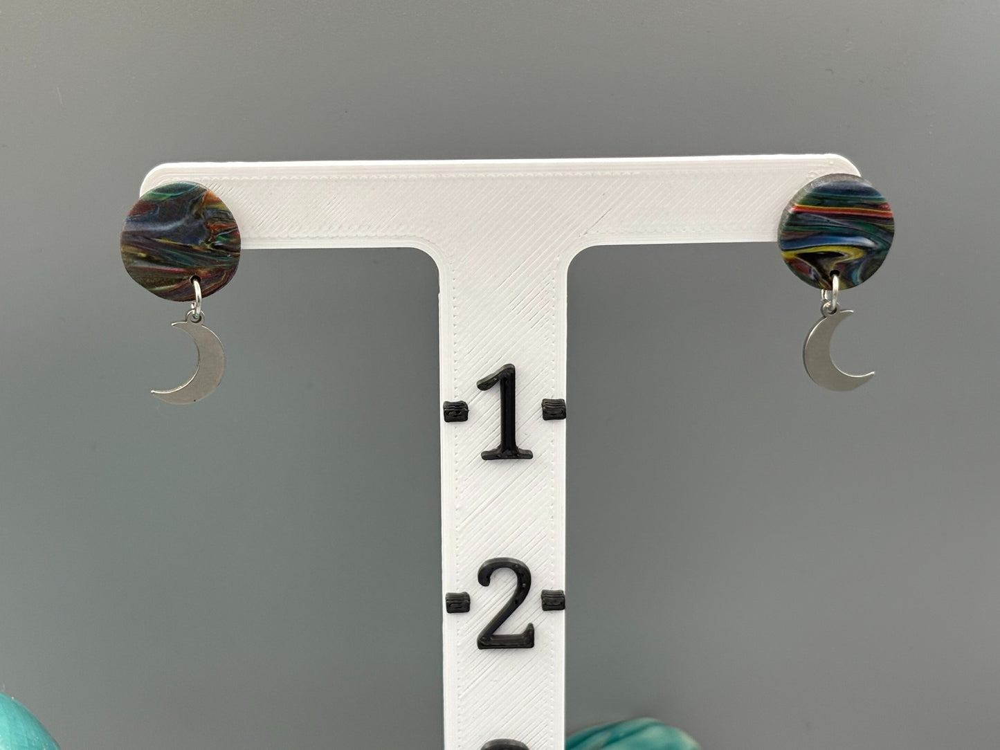 Kaleidoscope Circle with Moon Charm Dangle Earrings - handcrafted polymer clay earrings by Lakeside Clay