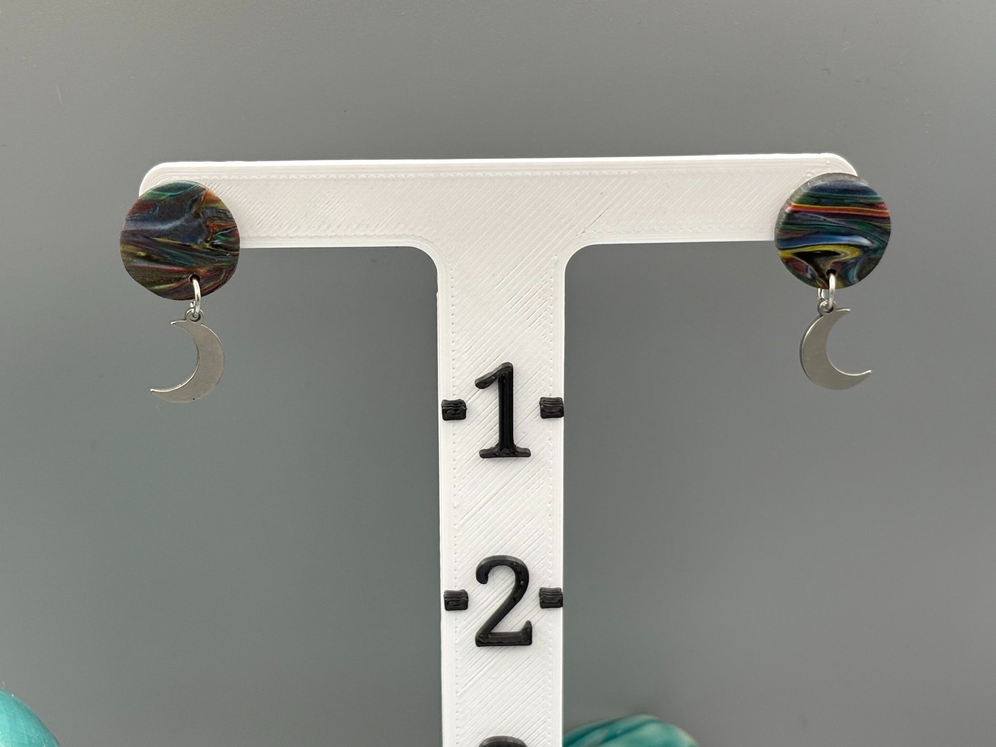 Kaleidoscope Circle with Moon Charm Dangle Earrings - handcrafted polymer clay earrings by Lakeside Clay