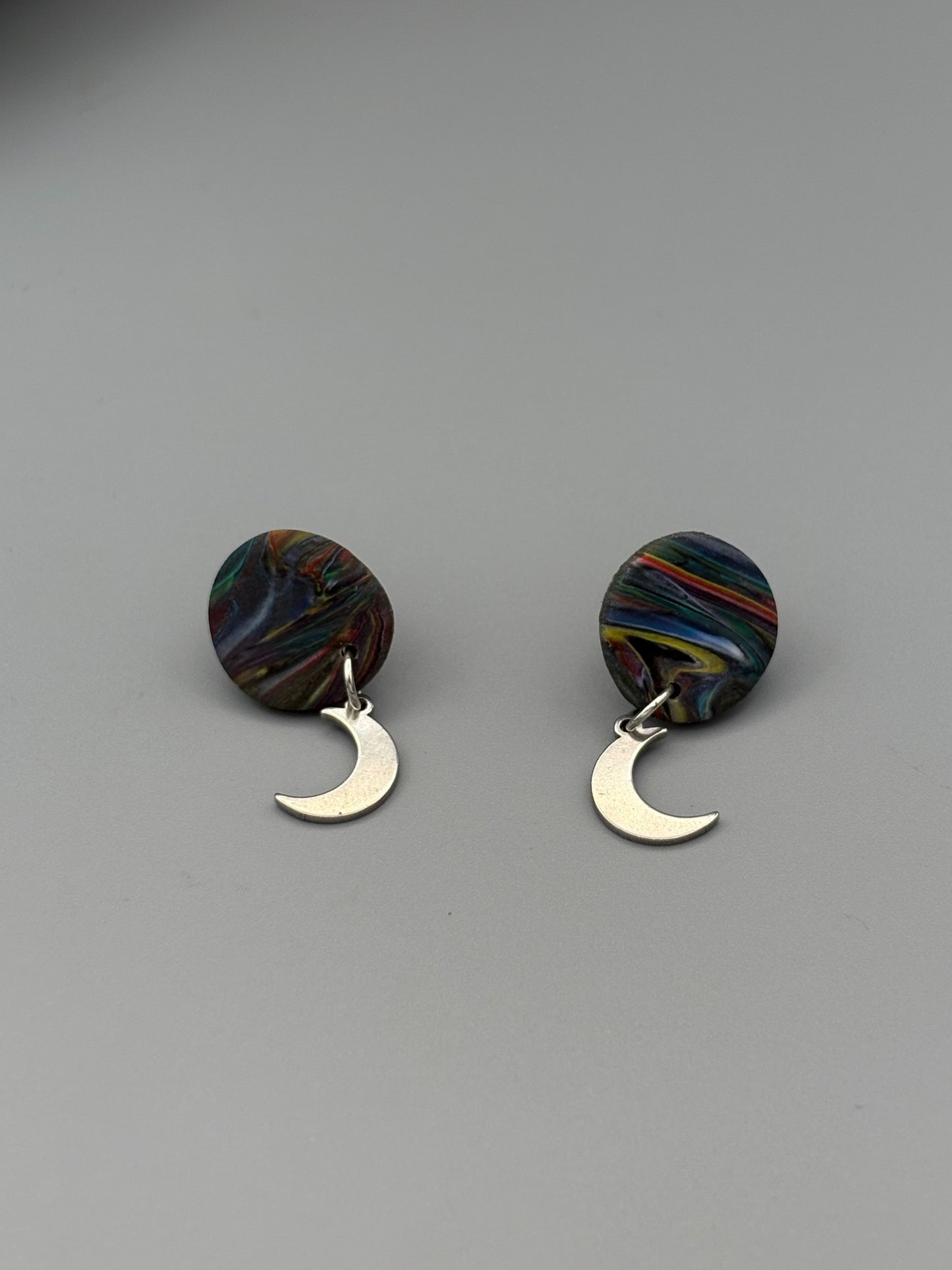 Kaleidoscope Circle with Moon Charm Dangle Earrings - handcrafted polymer clay earrings by Lakeside Clay