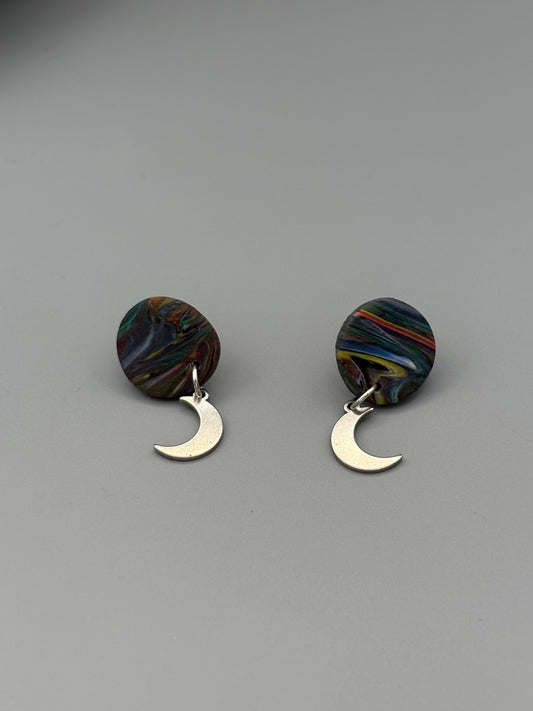 Kaleidoscope Circle with Moon Charm Dangle Earrings - handcrafted polymer clay earrings by Lakeside Clay