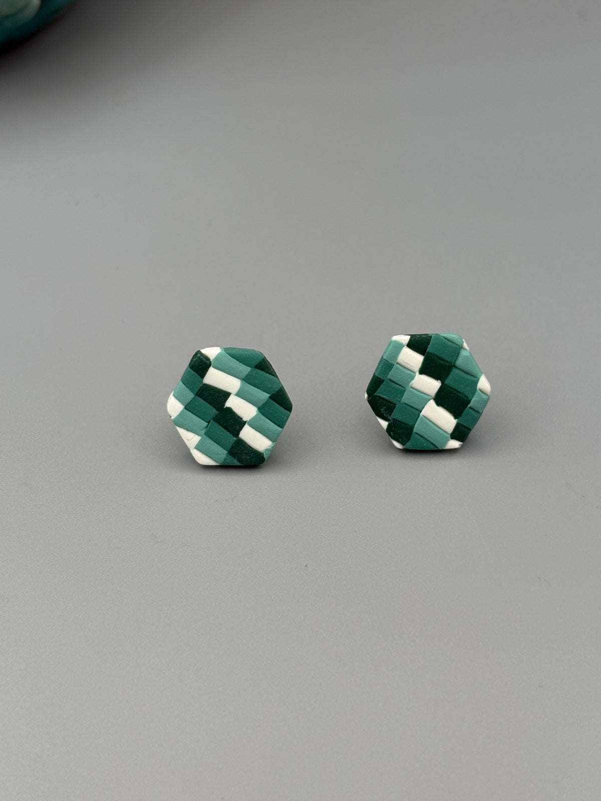 Green Checkered Hexagon Stud Earrings - handcrafted polymer clay earrings by Lakeside Clay