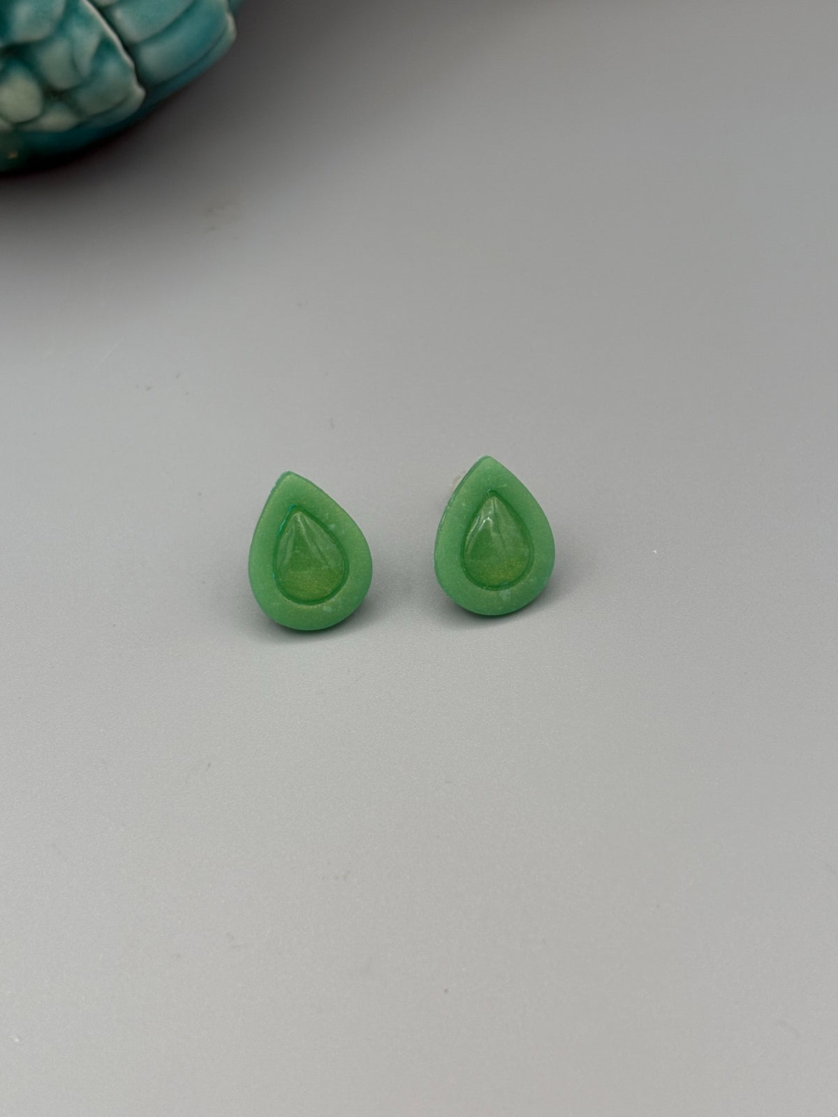 Green Drop Stud Earrings - handcrafted polymer clay earrings by Lakeside Clay