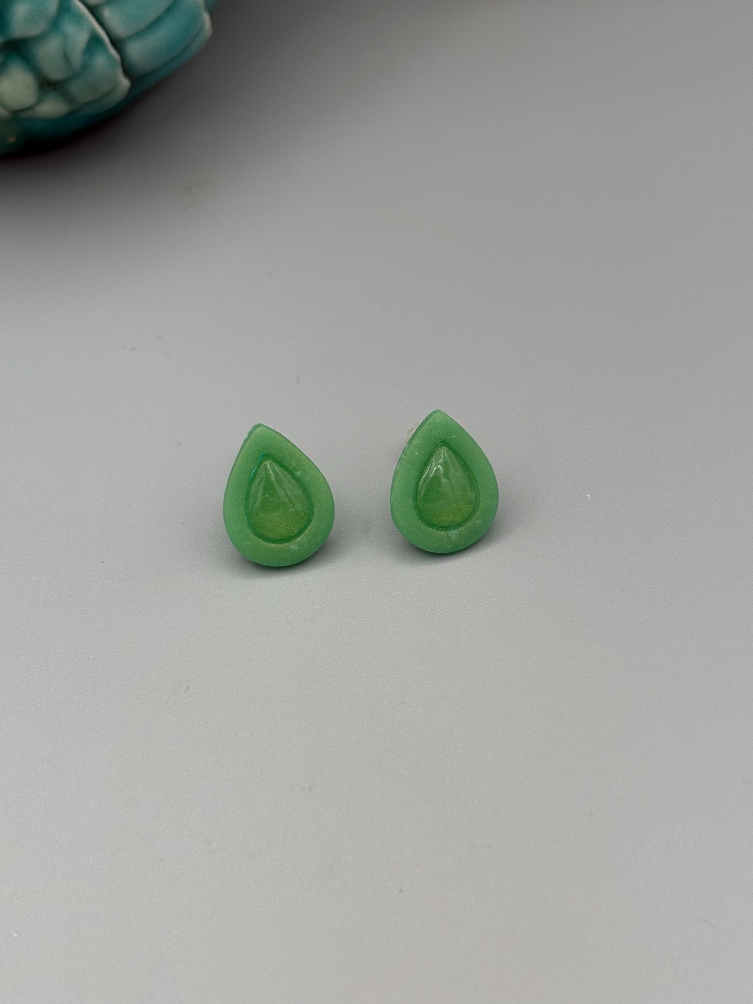 Green Drop Stud Earrings - handcrafted polymer clay earrings by Lakeside Clay
