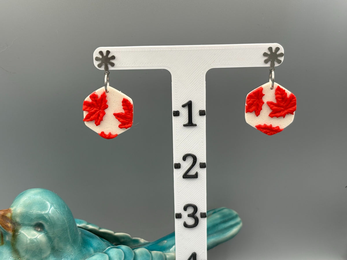 Maple Leaf Collage Hexagon Dangle Earrings - handcrafted polymer clay earrings by Lakeside Clay