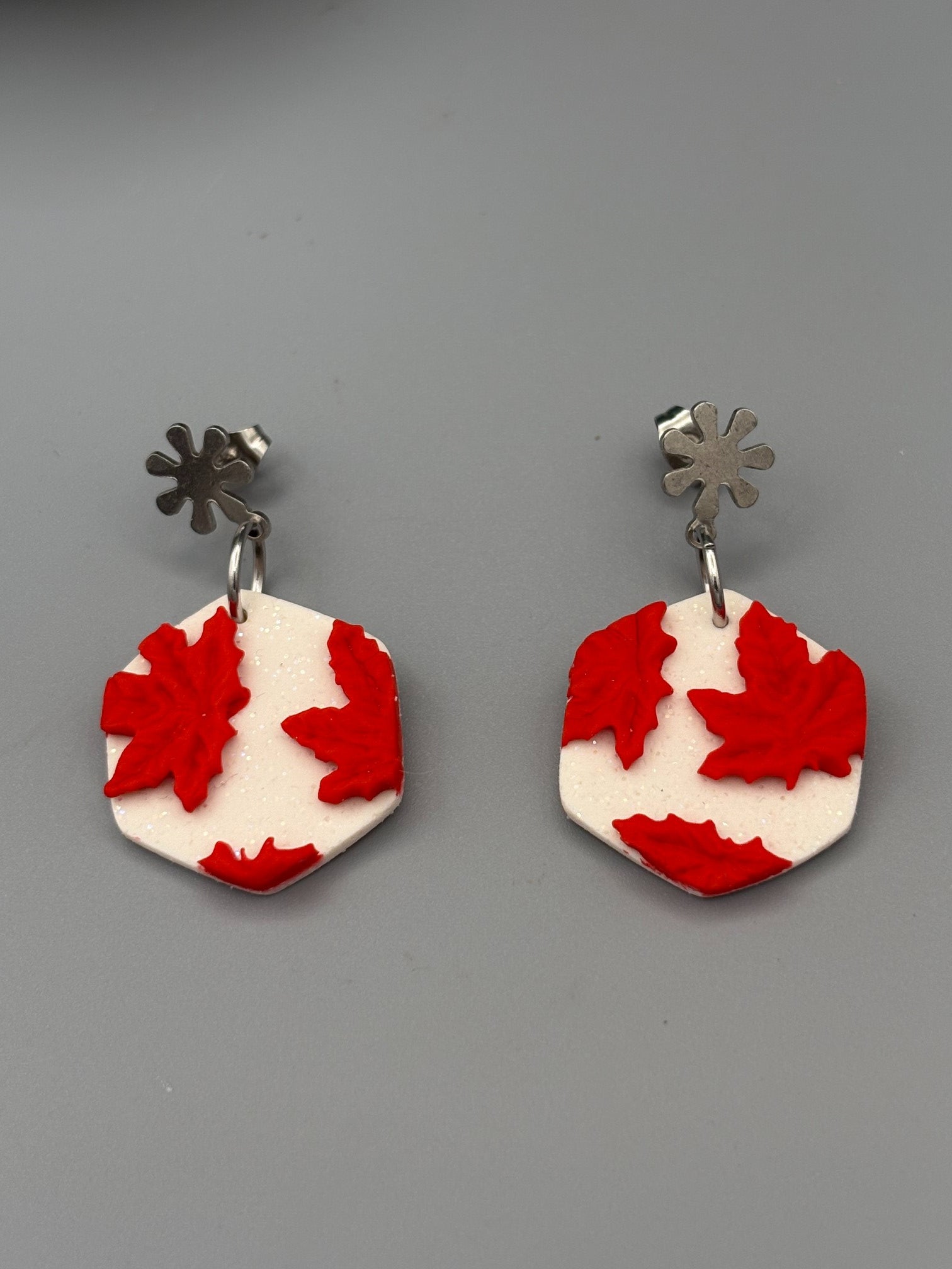 Maple Leaf Collage Hexagon Dangle Earrings - handcrafted polymer clay earrings by Lakeside Clay