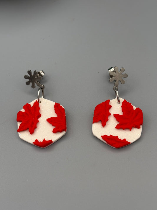 Maple Leaf Collage Hexagon Dangle Earrings - handcrafted polymer clay earrings by Lakeside Clay