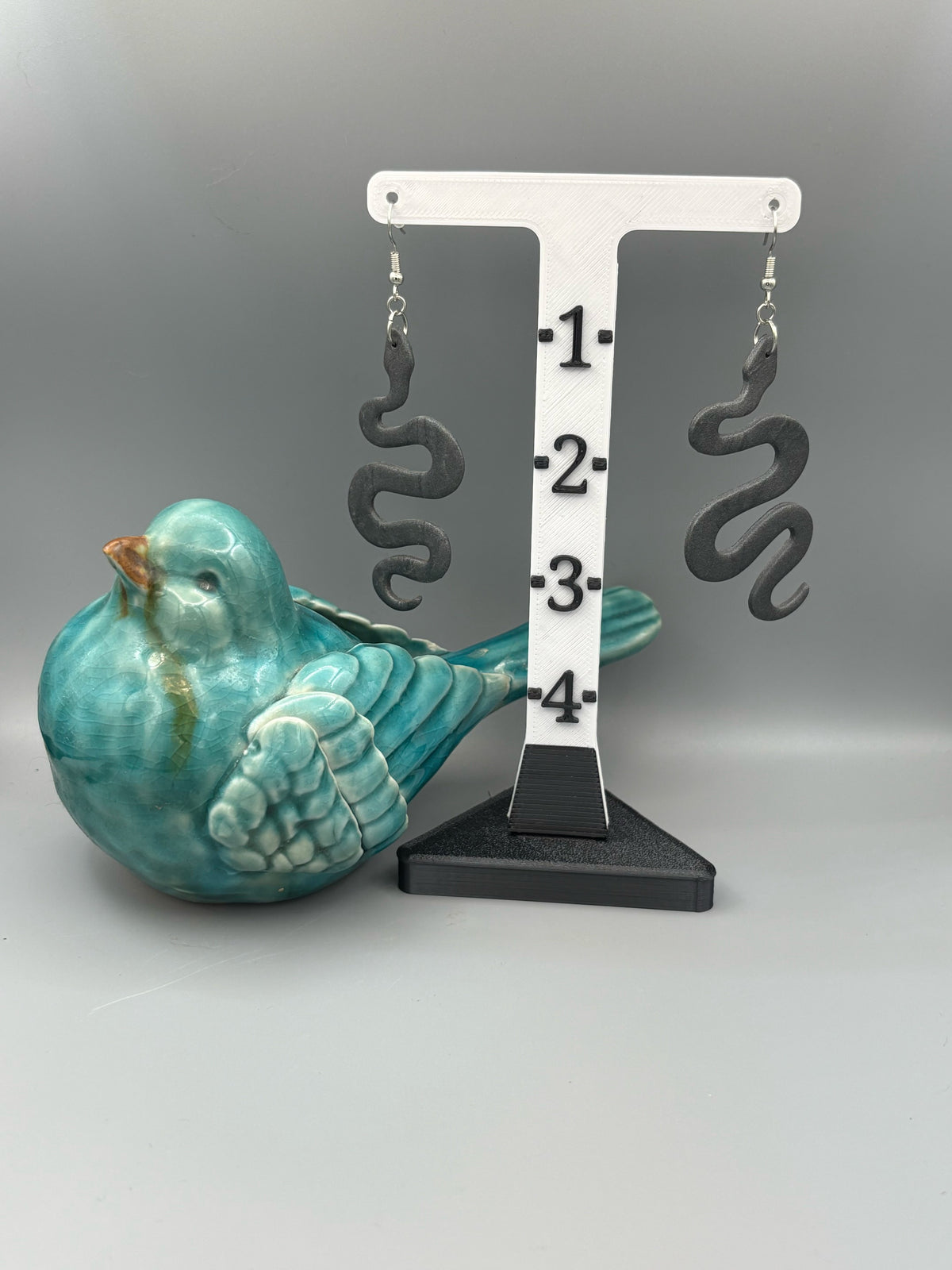 Graphite Snake Dangle Earrings - handcrafted polymer clay earrings by Lakeside Clay