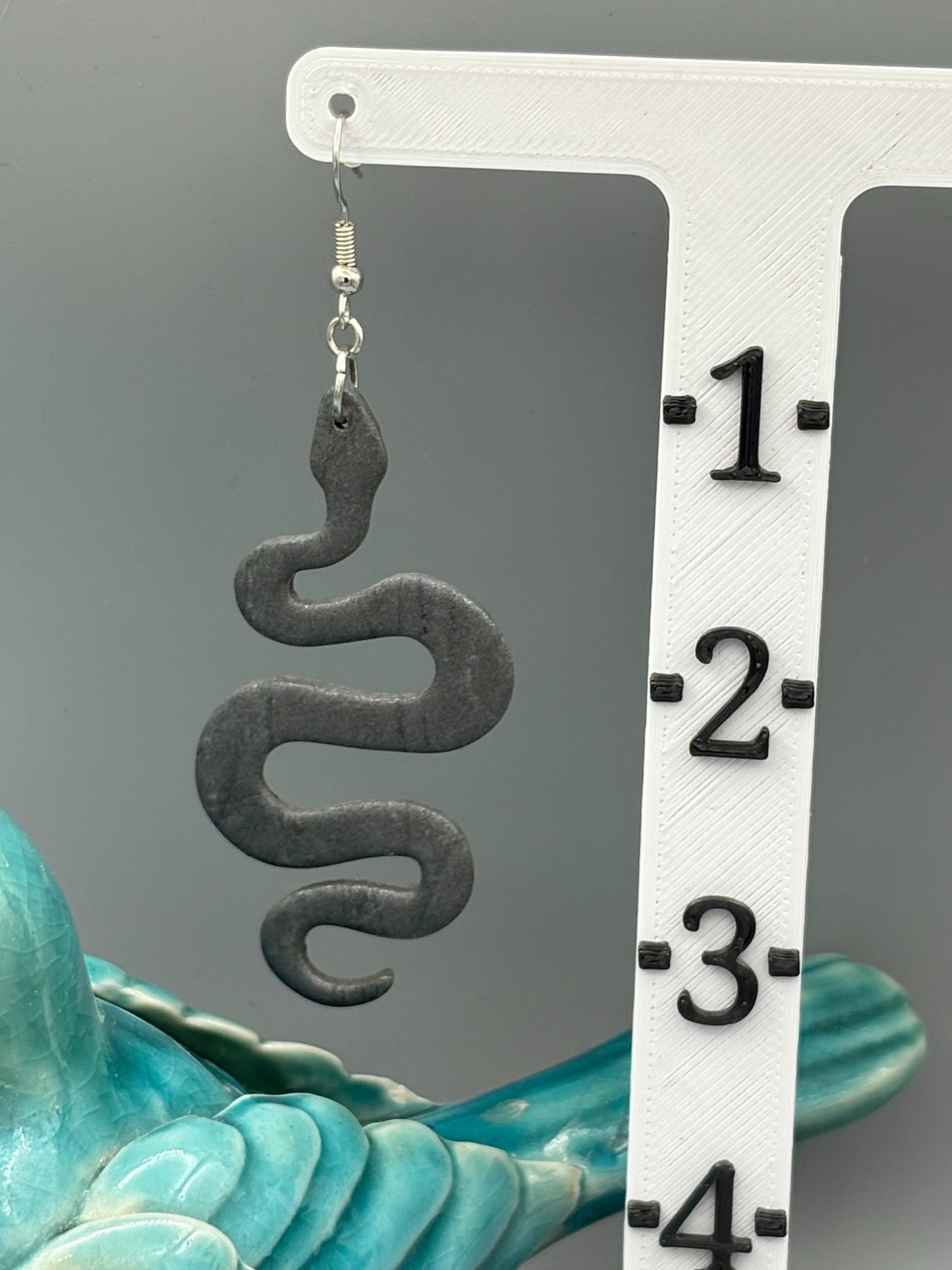 Graphite Snake Dangle Earrings - handcrafted polymer clay earrings by Lakeside Clay