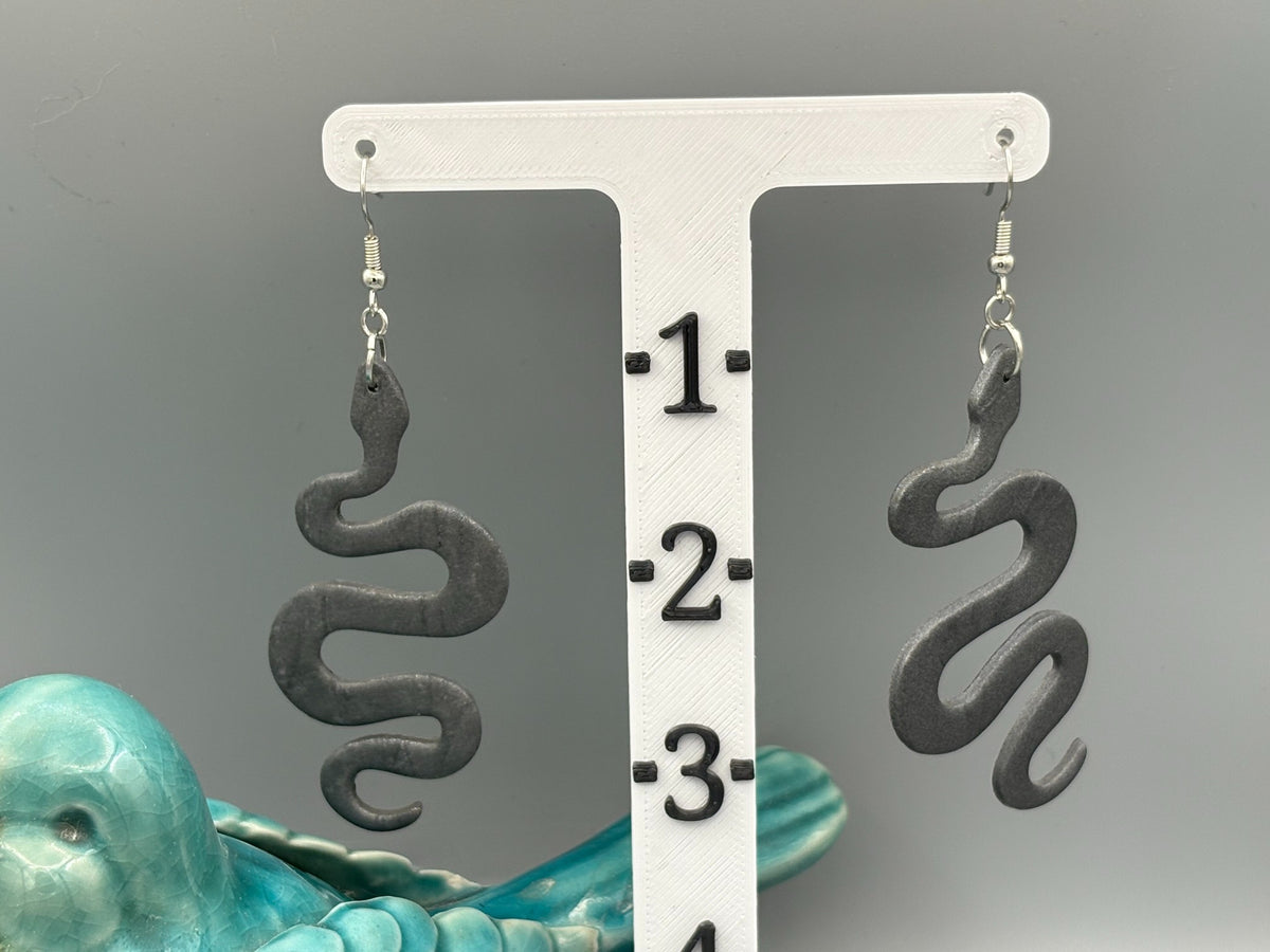 Graphite Snake Dangle Earrings - handcrafted polymer clay earrings by Lakeside Clay