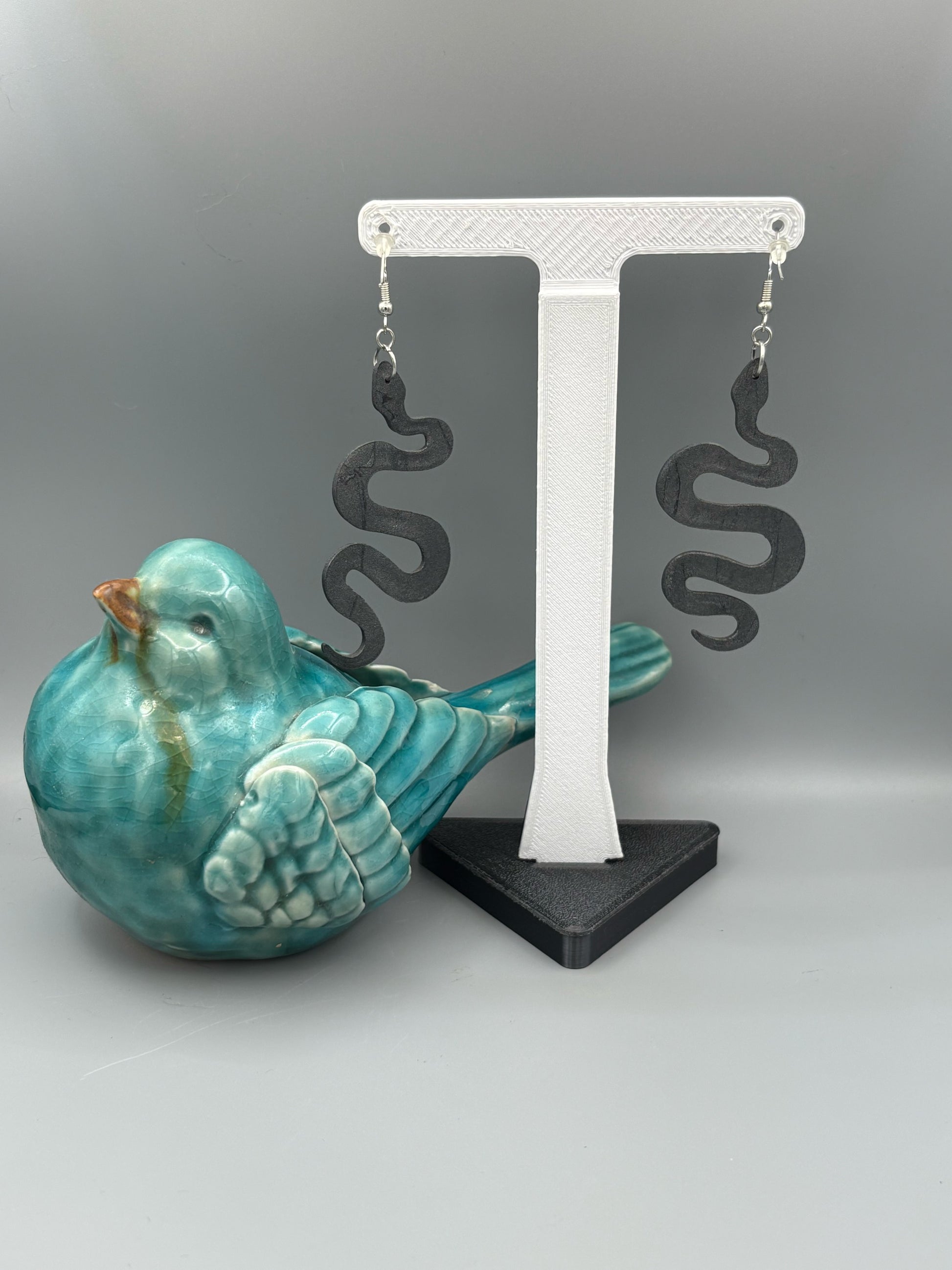 Graphite Snake Dangle Earrings - handcrafted polymer clay earrings by Lakeside Clay