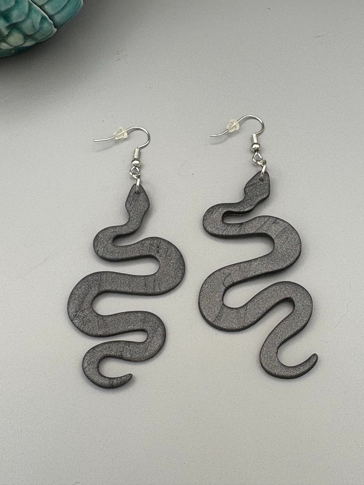 Graphite Snake Dangle Earrings - handcrafted polymer clay earrings by Lakeside Clay