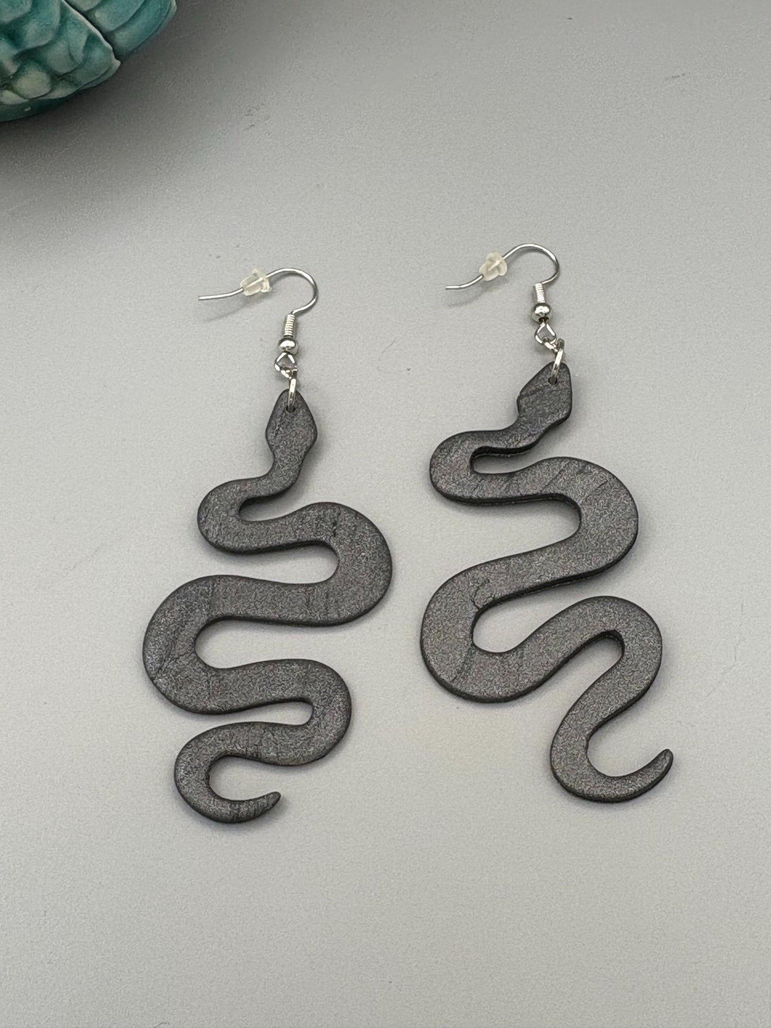 Graphite Snake Dangle Earrings - handcrafted polymer clay earrings by Lakeside Clay