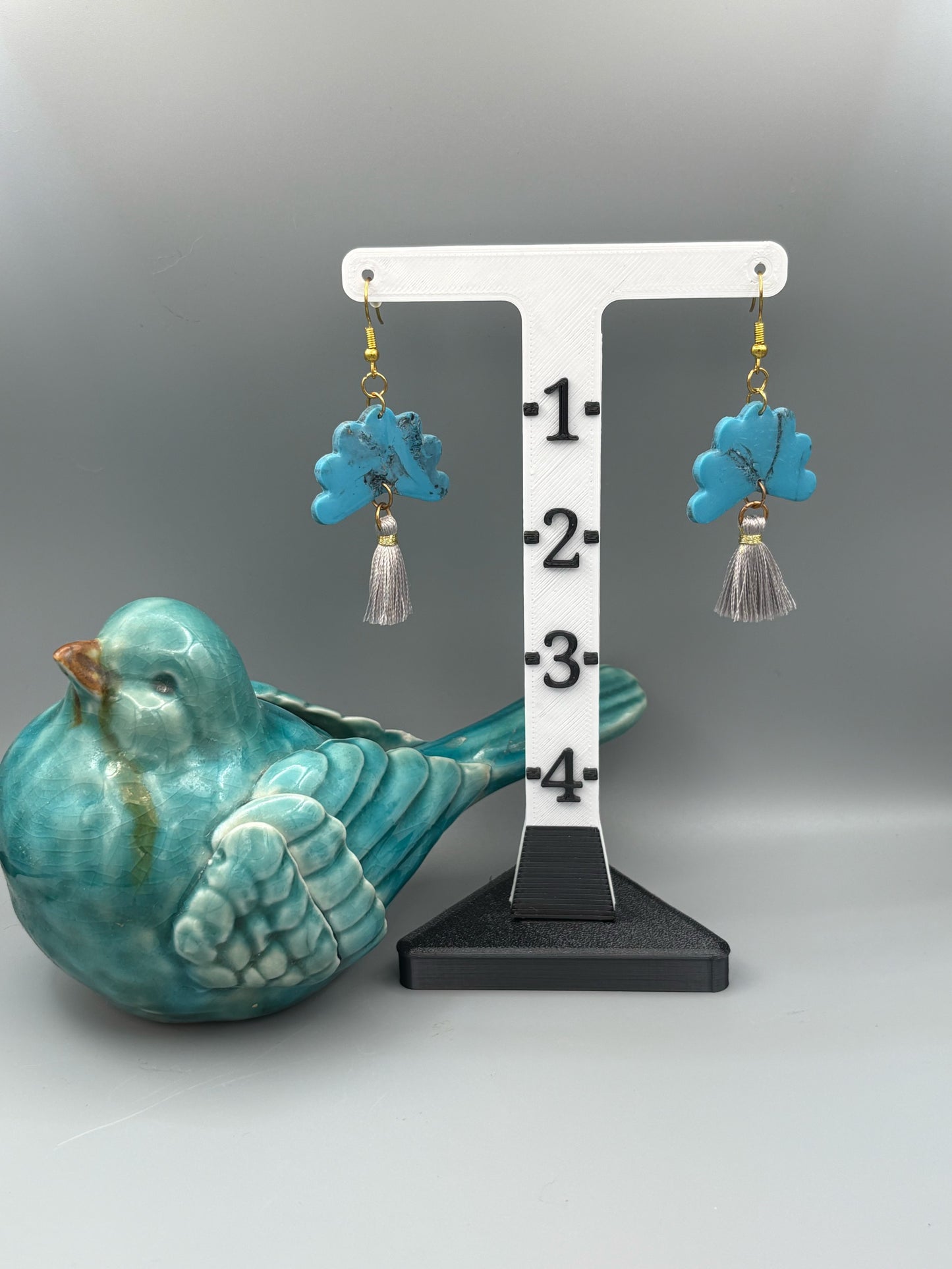 Faux Turquoise Fan with Tassel Dangle Earrings - handcrafted polymer clay earrings by Lakeside Clay