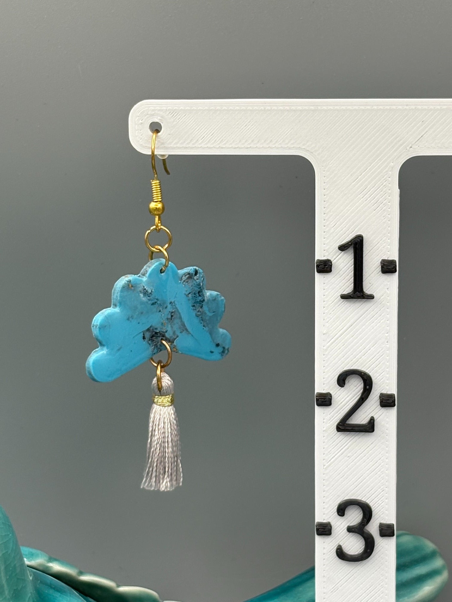Faux Turquoise Fan with Tassel Dangle Earrings - handcrafted polymer clay earrings by Lakeside Clay