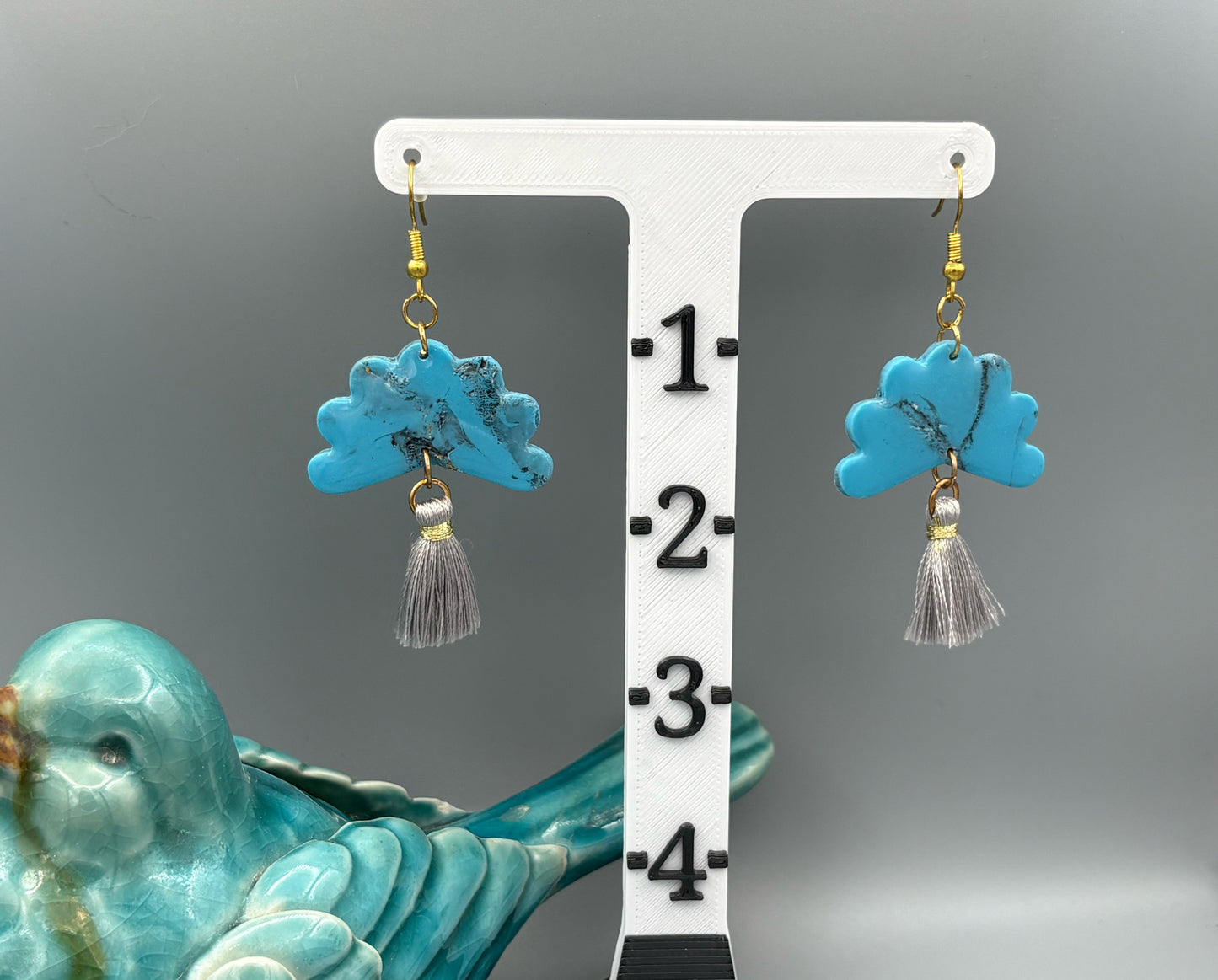 Faux Turquoise Fan with Tassel Dangle Earrings - handcrafted polymer clay earrings by Lakeside Clay