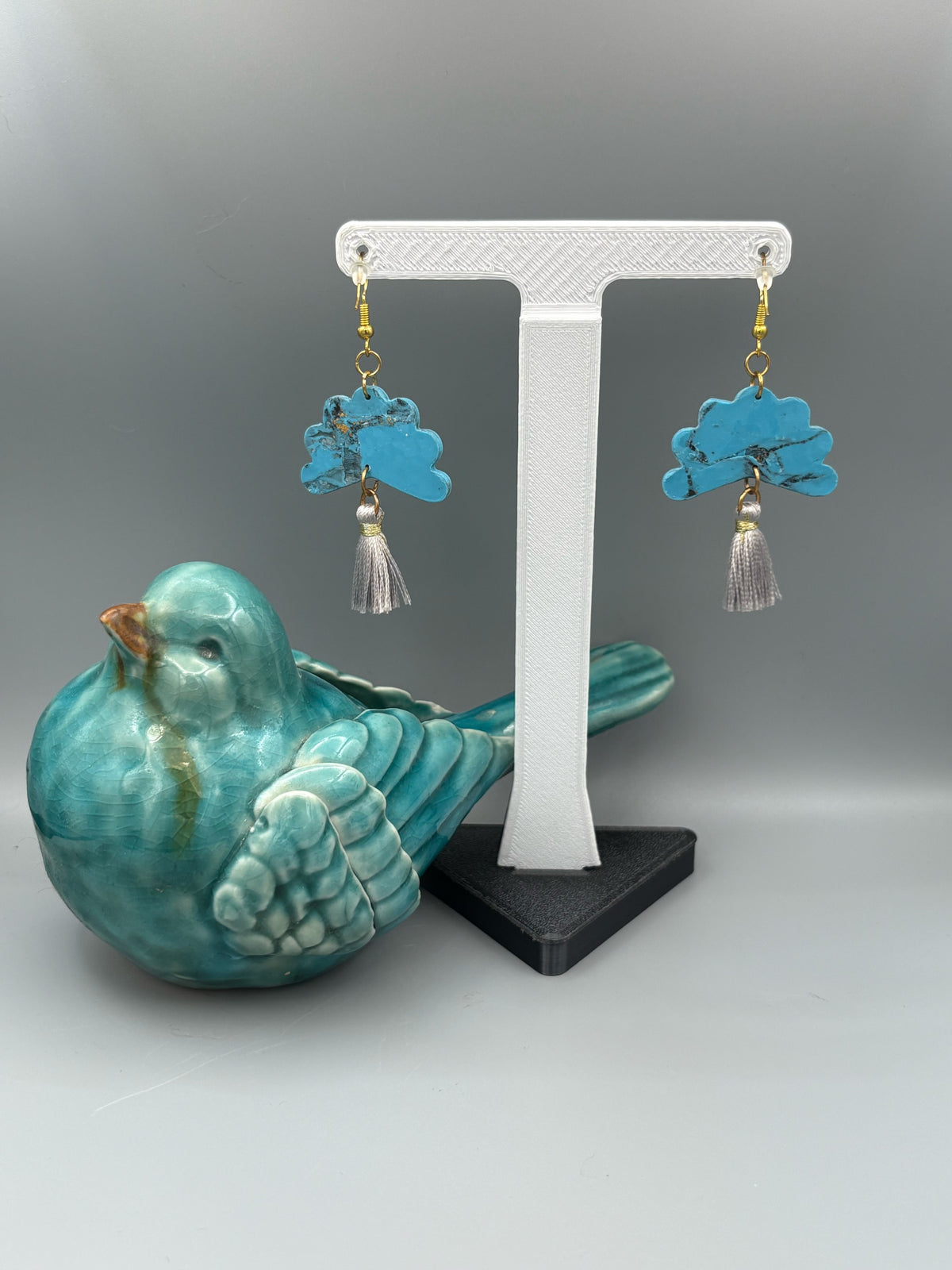 Faux Turquoise Fan with Tassel Dangle Earrings - handcrafted polymer clay earrings by Lakeside Clay