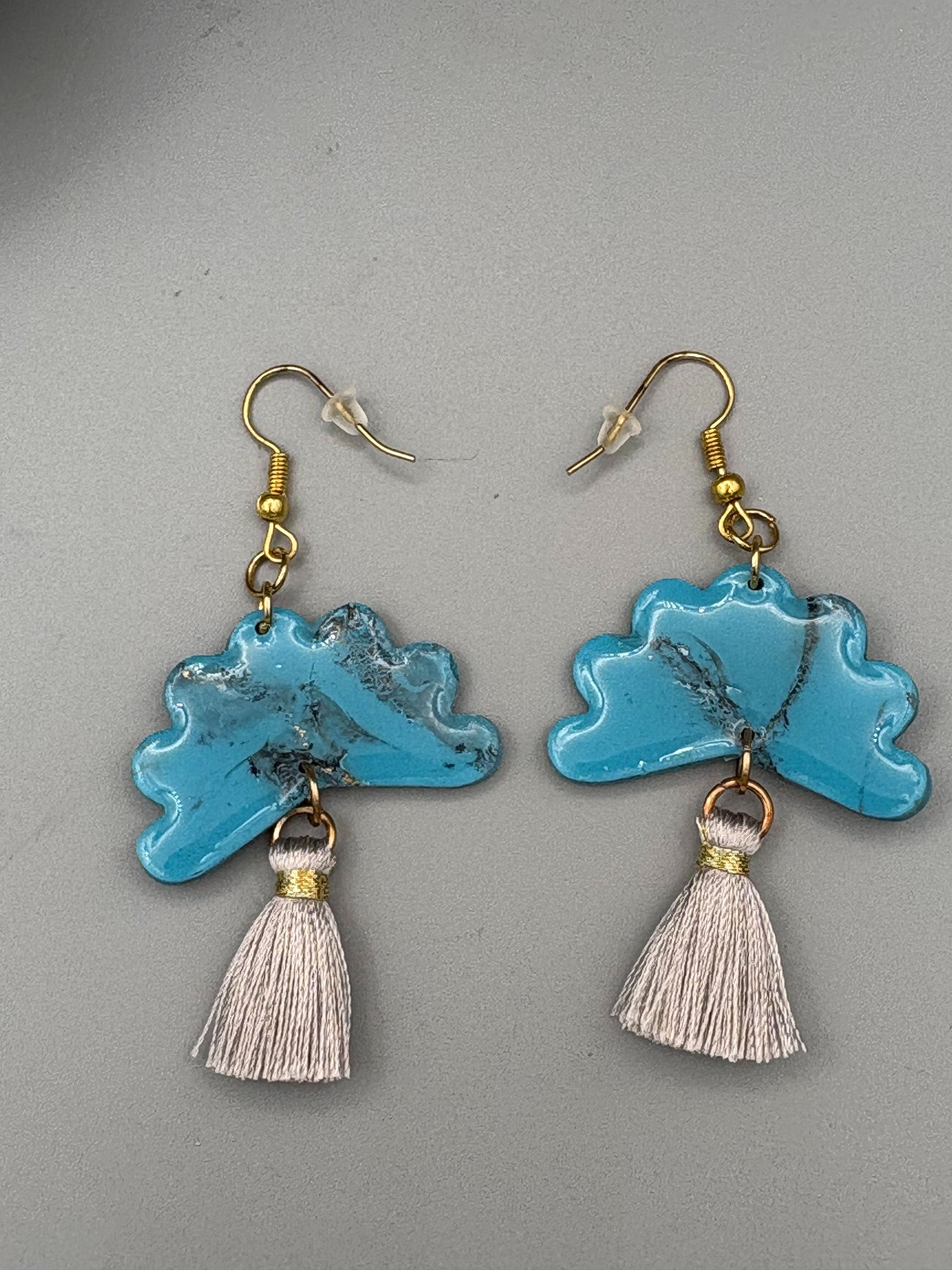 Faux Turquoise Fan with Tassel Dangle Earrings - handcrafted polymer clay earrings by Lakeside Clay