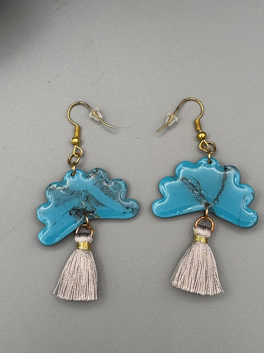 Faux Turquoise Fan with Tassel Dangle Earrings - handcrafted polymer clay earrings by Lakeside Clay