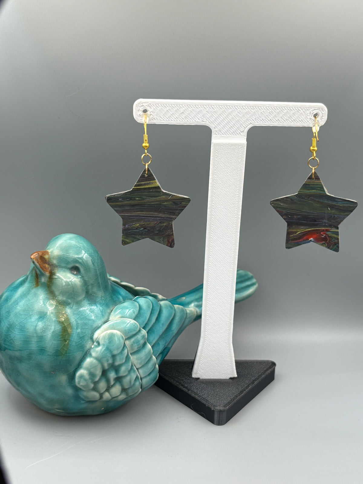 Kaleidoscope Star Dangle Earrings - handcrafted polymer clay earrings by Lakeside Clay