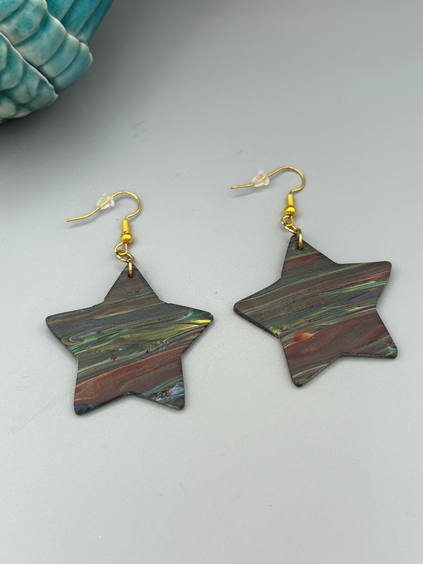 Kaleidoscope Star Dangle Earrings - handcrafted polymer clay earrings by Lakeside Clay