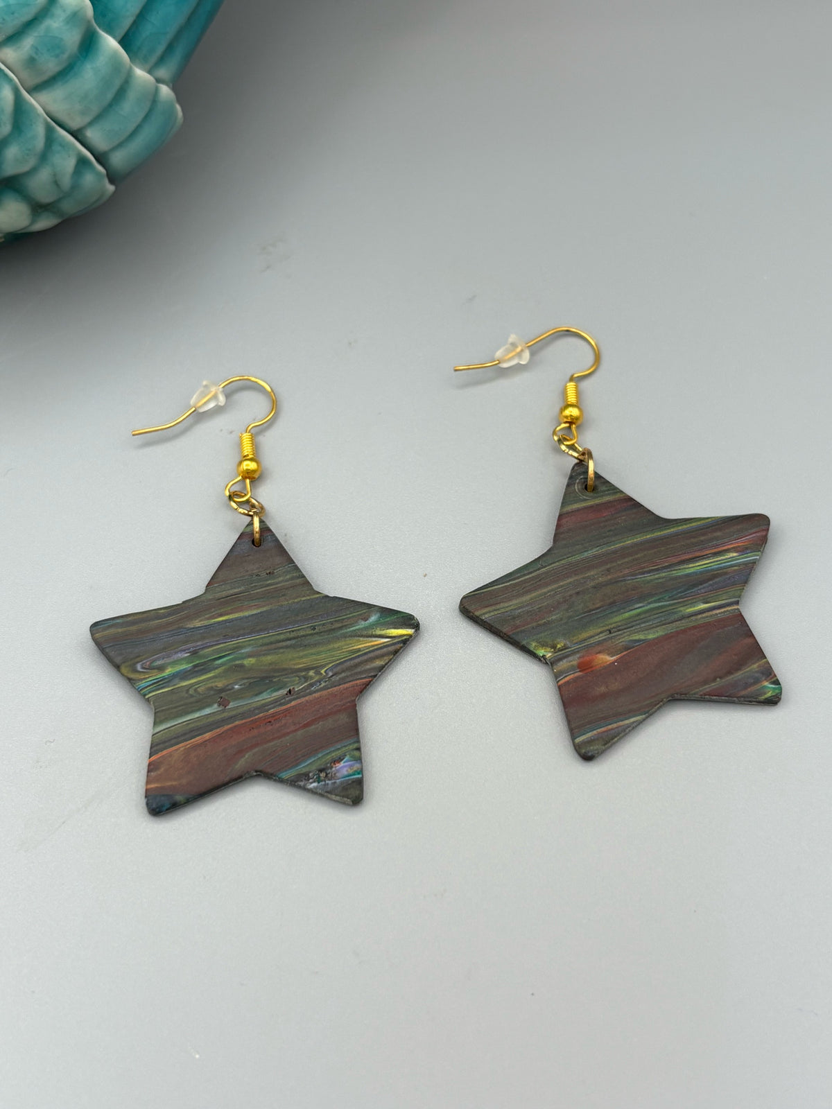 Kaleidoscope Star Dangle Earrings - handcrafted polymer clay earrings by Lakeside Clay