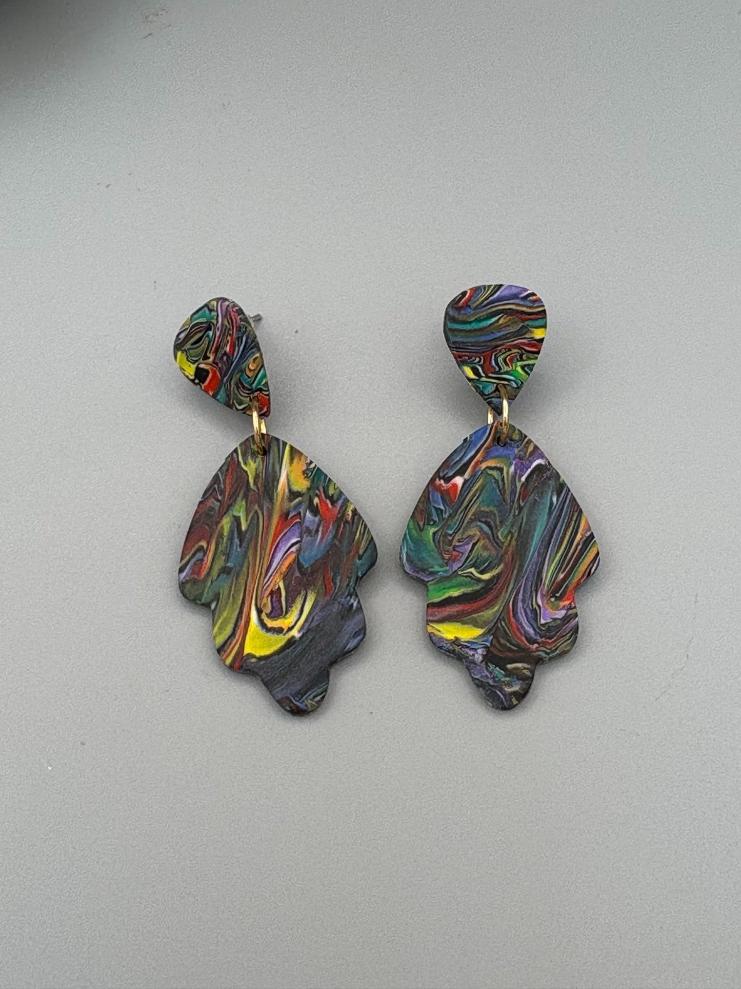 Kaleidoscope Leaf Dangle Earrings - handcrafted polymer clay earrings by Lakeside Clay