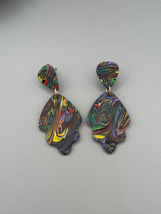 Kaleidoscope Leaf Dangle Earrings - handcrafted polymer clay earrings by Lakeside Clay