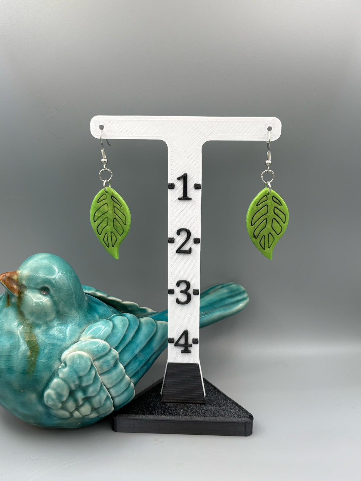 Green Leaf Dangle Earrings - handcrafted polymer clay earrings by Lakeside Clay