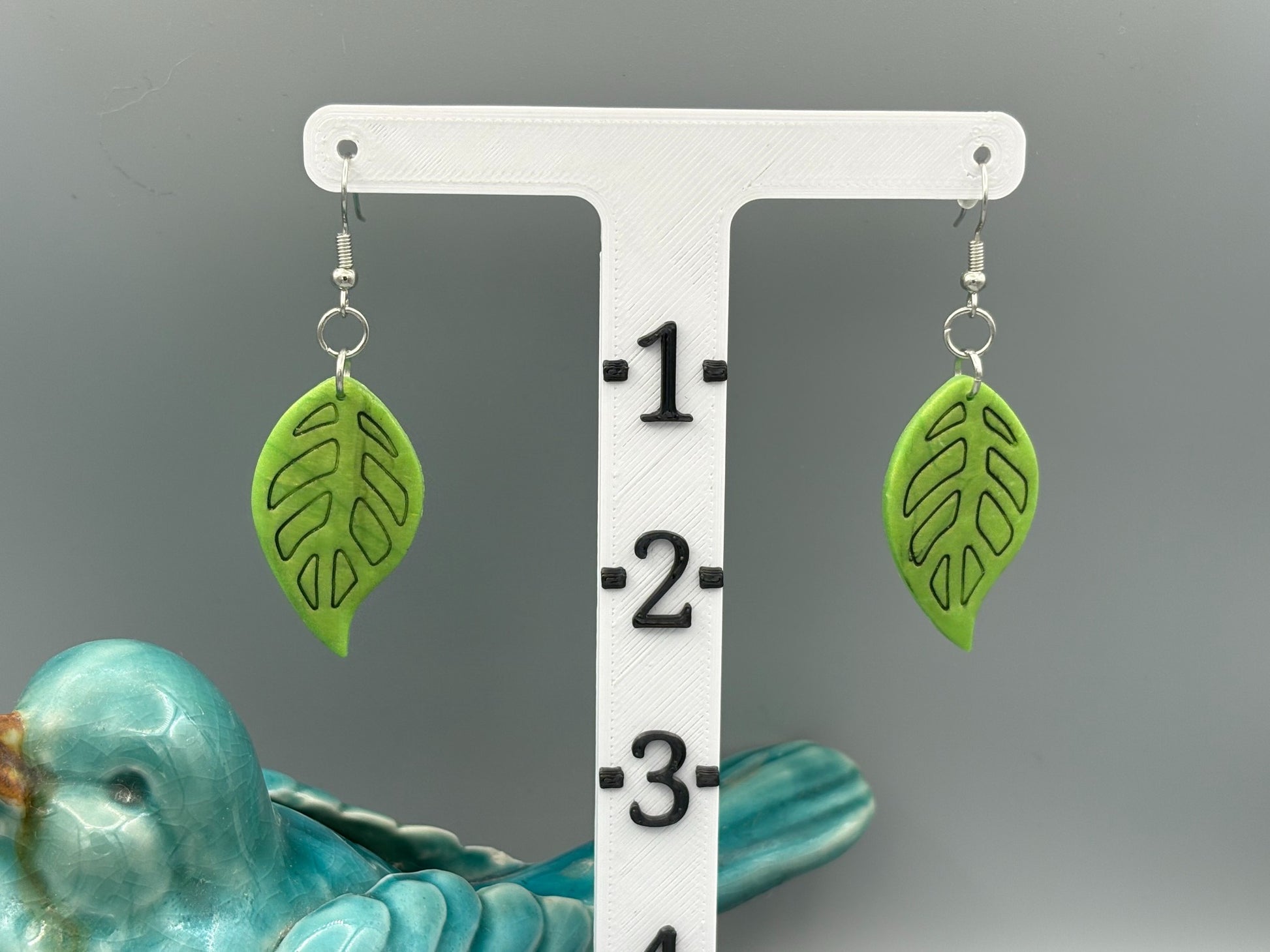 Green Leaf Dangle Earrings - handcrafted polymer clay earrings by Lakeside Clay