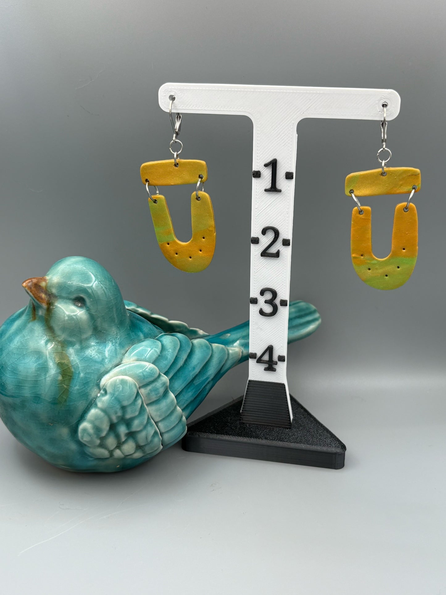 Green & Gold Bar & Horseshoe Dangle Earrings - handcrafted polymer clay earrings by Lakeside Clay