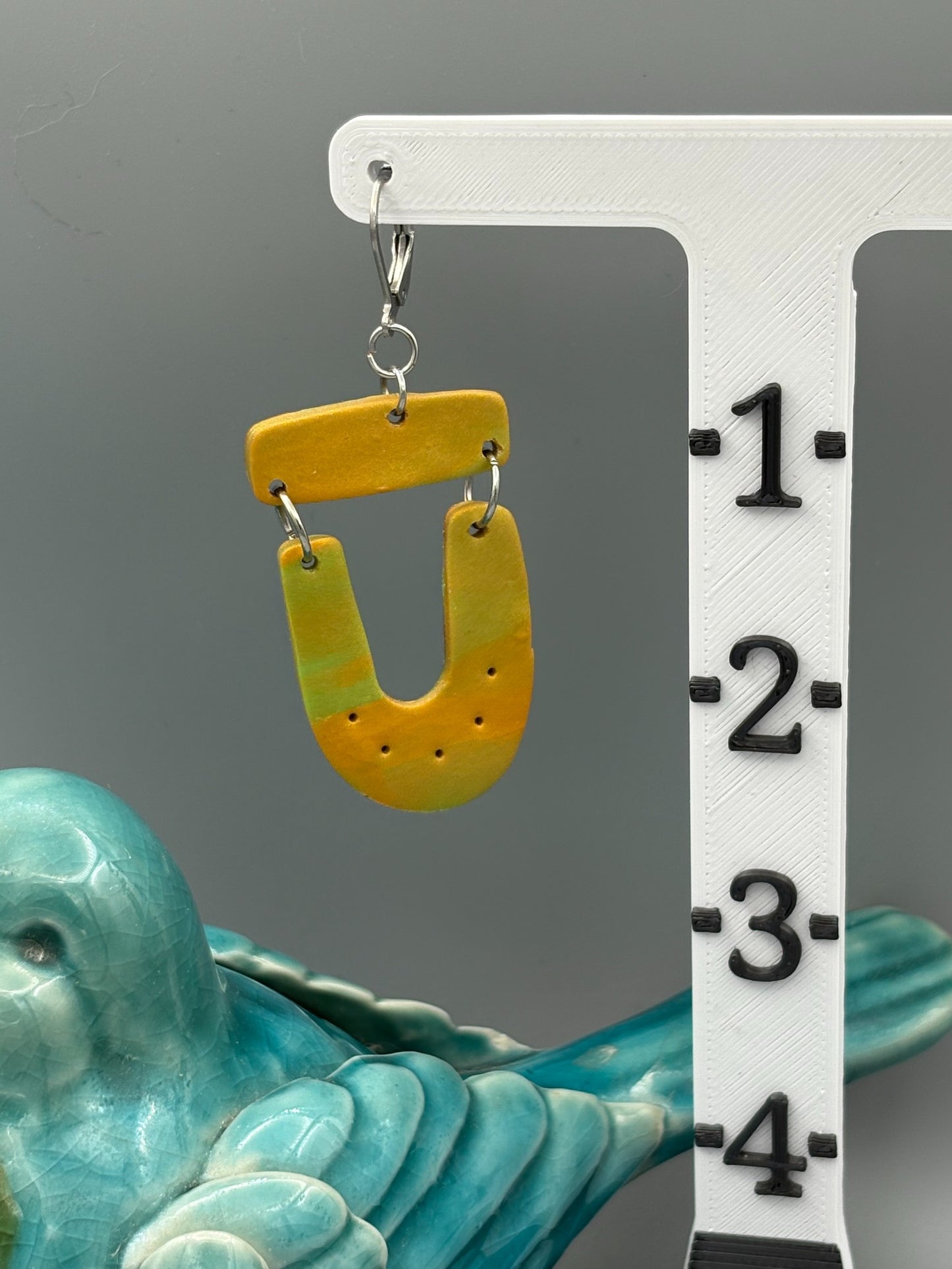 Green & Gold Bar & Horseshoe Dangle Earrings - handcrafted polymer clay earrings by Lakeside Clay