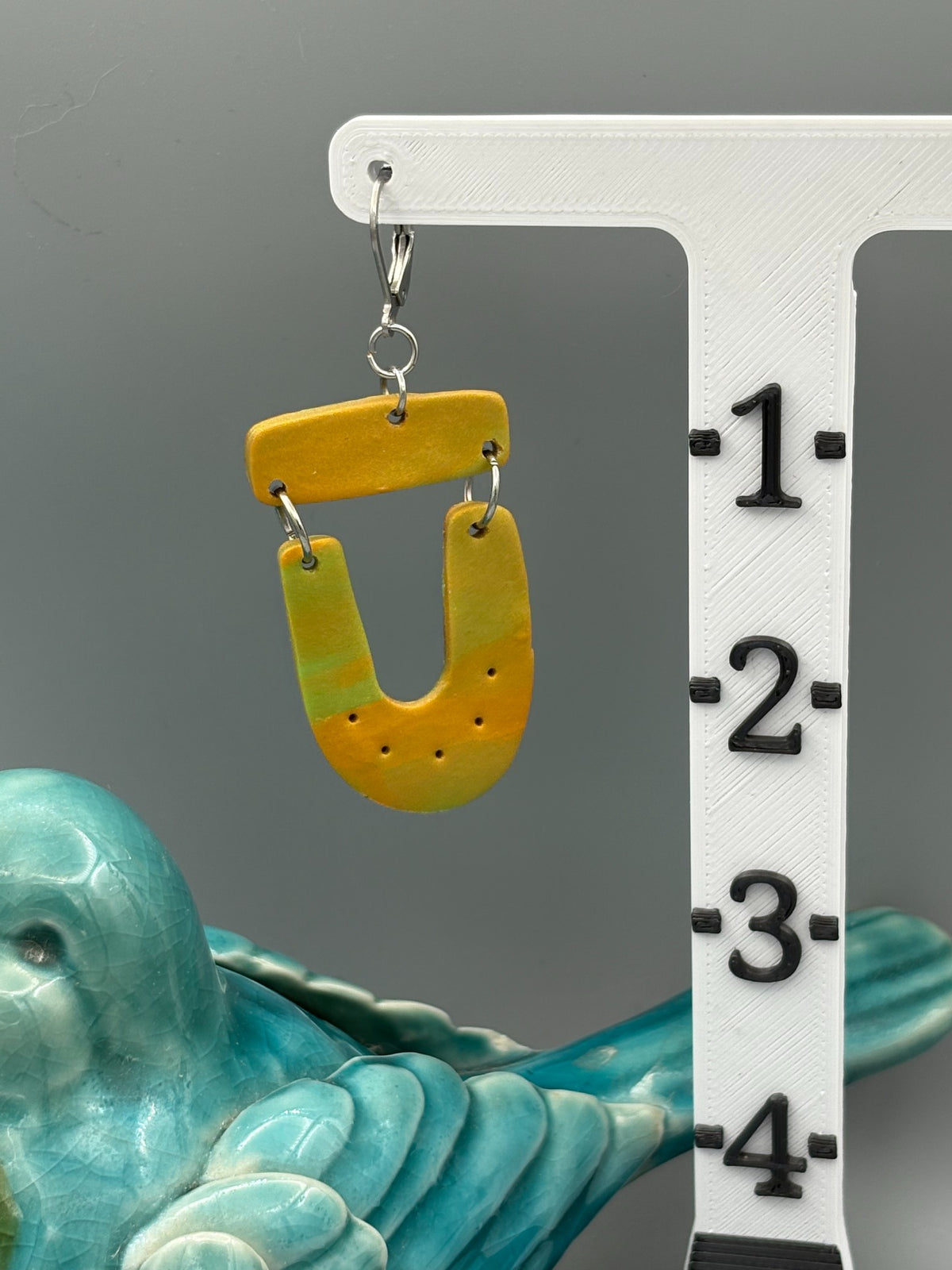 Green & Gold Bar & Horseshoe Dangle Earrings - handcrafted polymer clay earrings by Lakeside Clay
