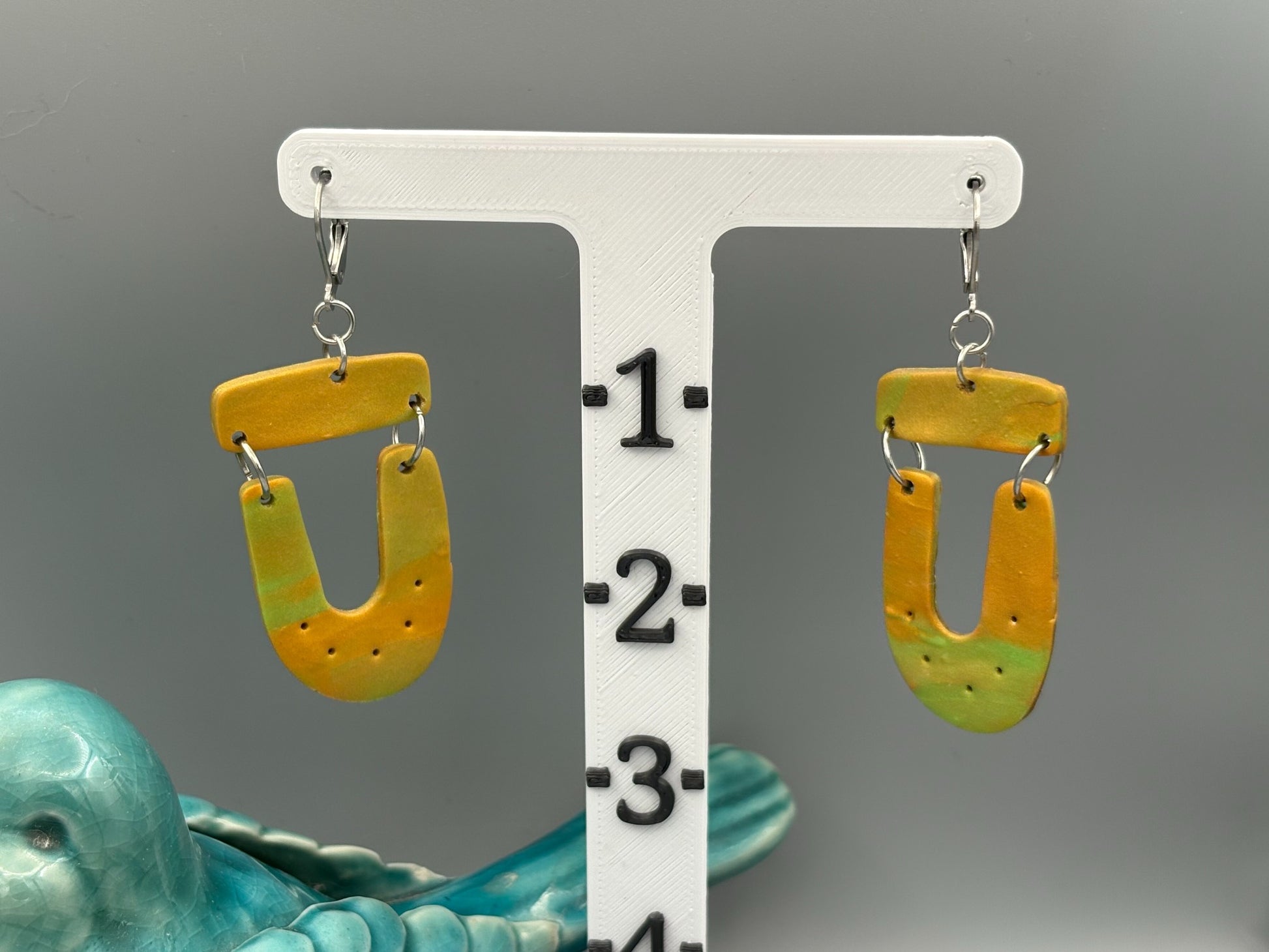 Green & Gold Bar & Horseshoe Dangle Earrings - handcrafted polymer clay earrings by Lakeside Clay