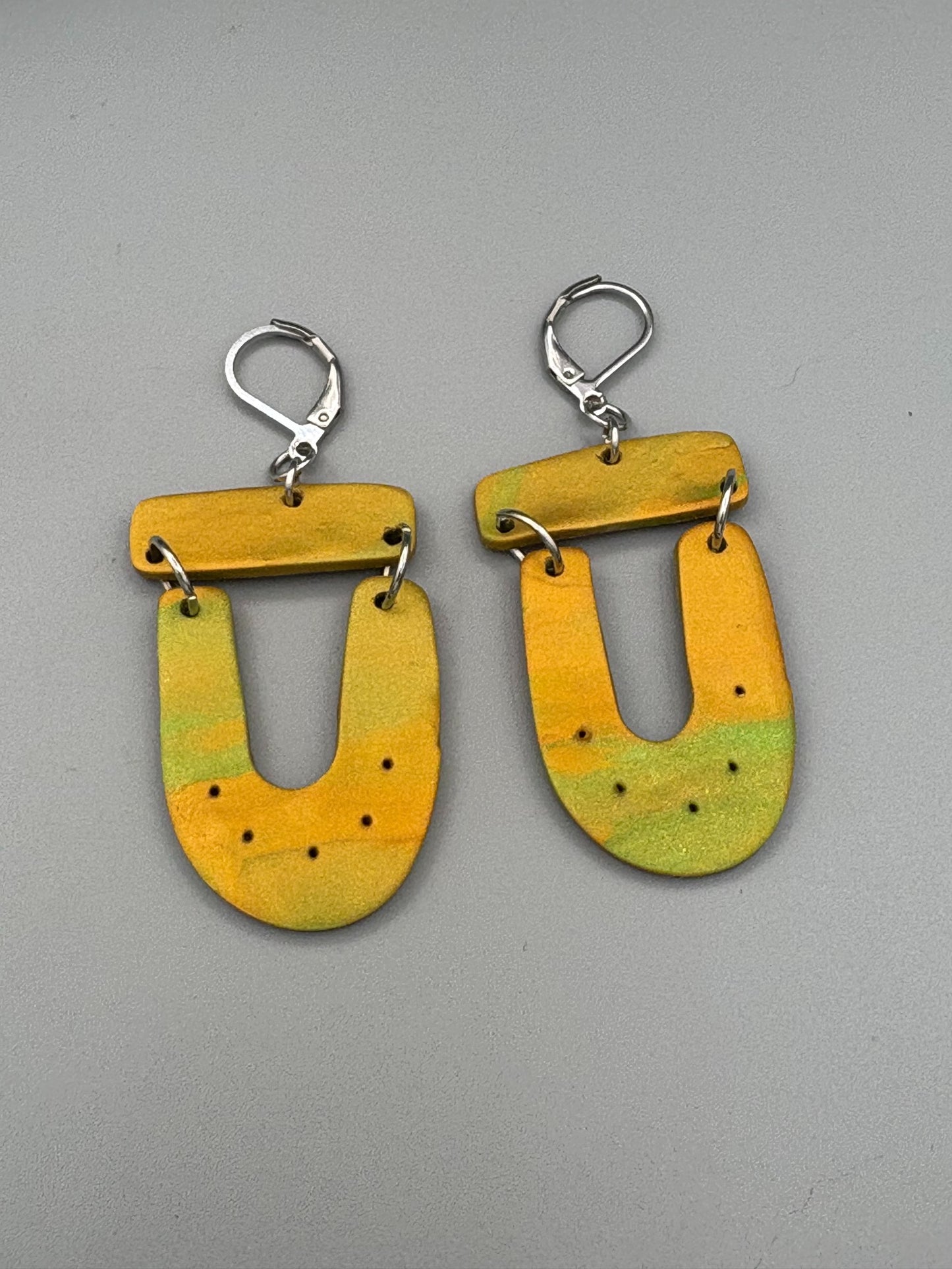 Green & Gold Bar & Horseshoe Dangle Earrings - handcrafted polymer clay earrings by Lakeside Clay