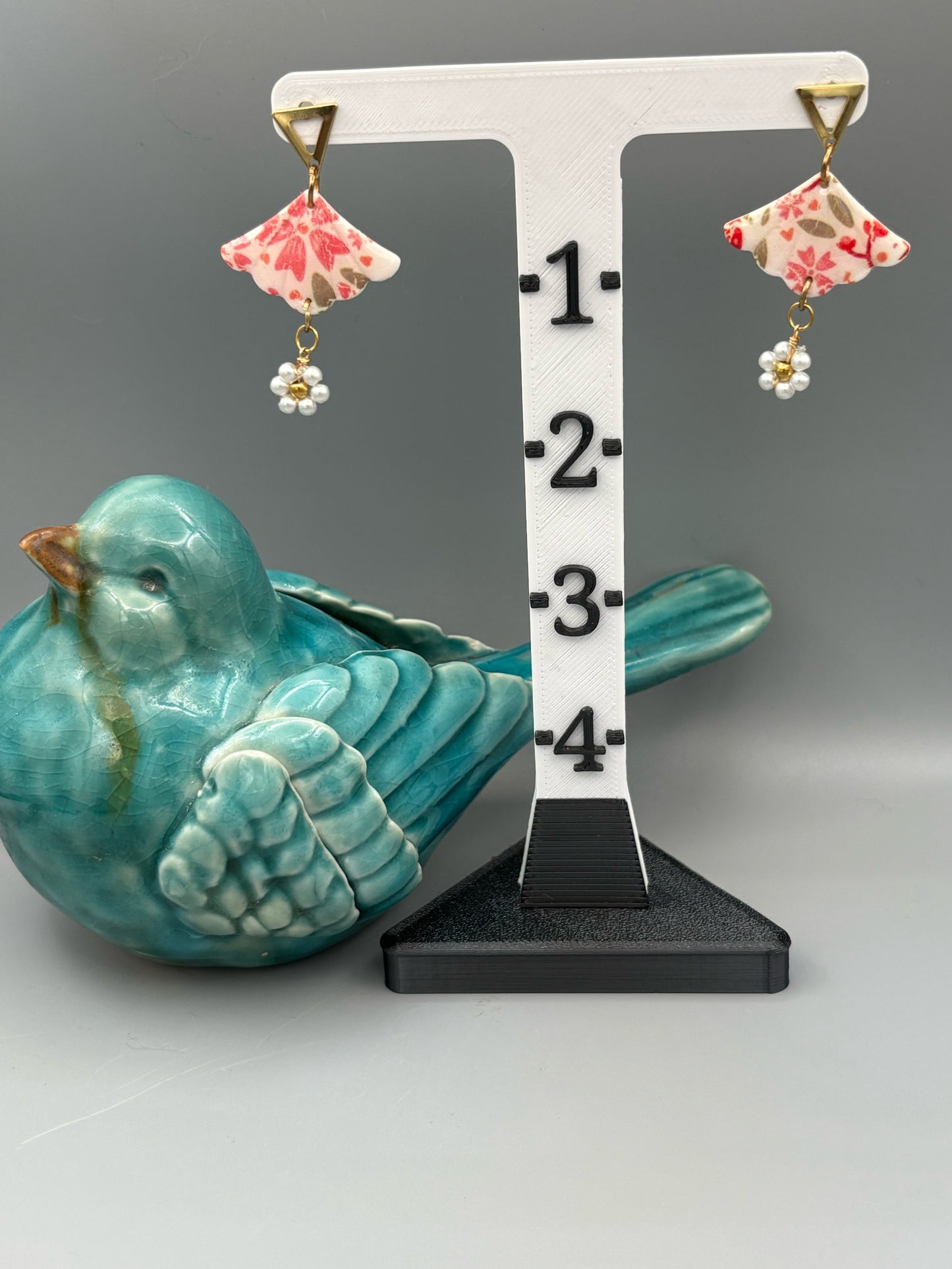 Flower Pattern Fan & Pearl Dangle Earrings - handcrafted polymer clay earrings by Lakeside Clay