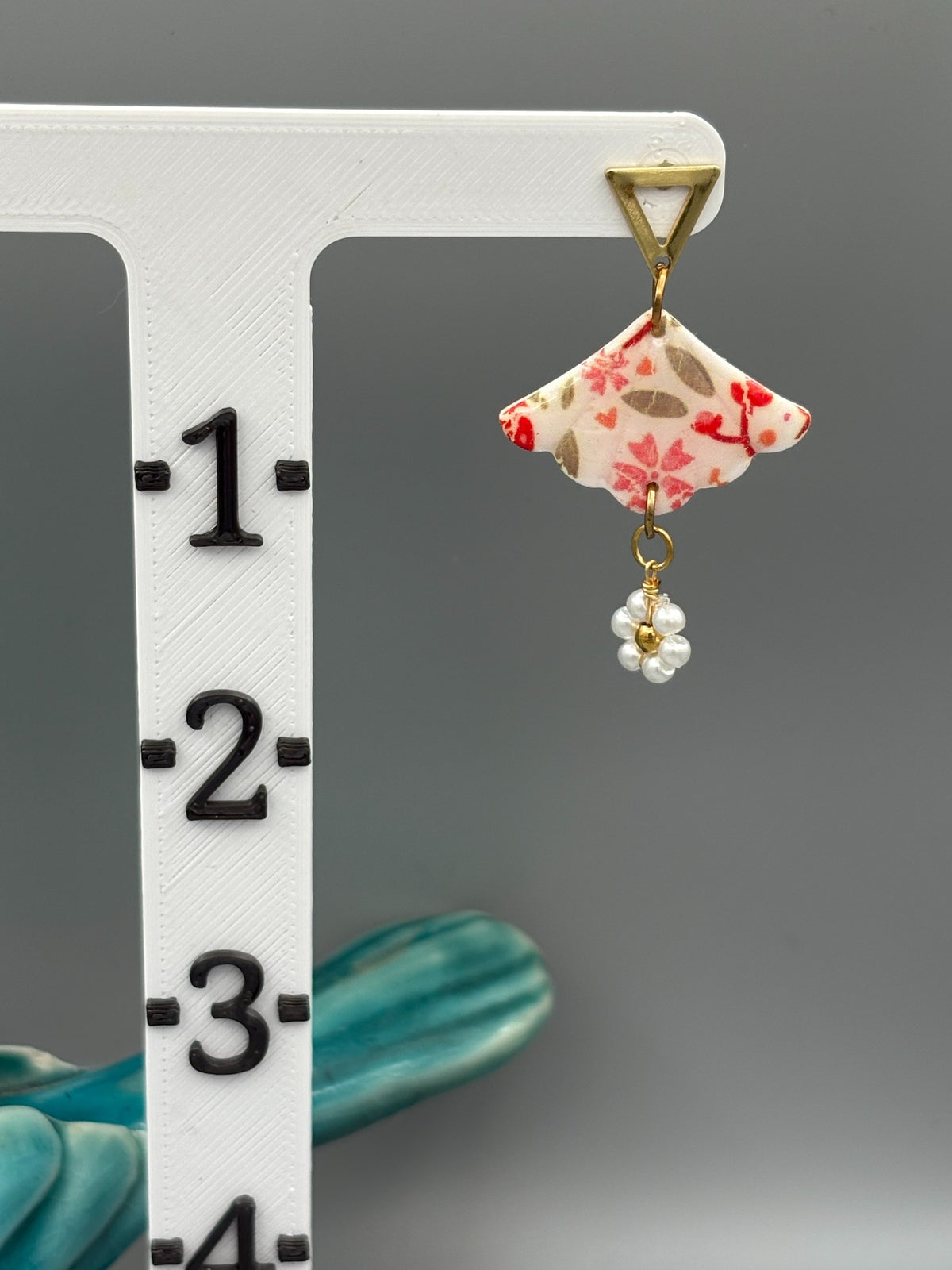 Flower Pattern Fan & Pearl Dangle Earrings - handcrafted polymer clay earrings by Lakeside Clay