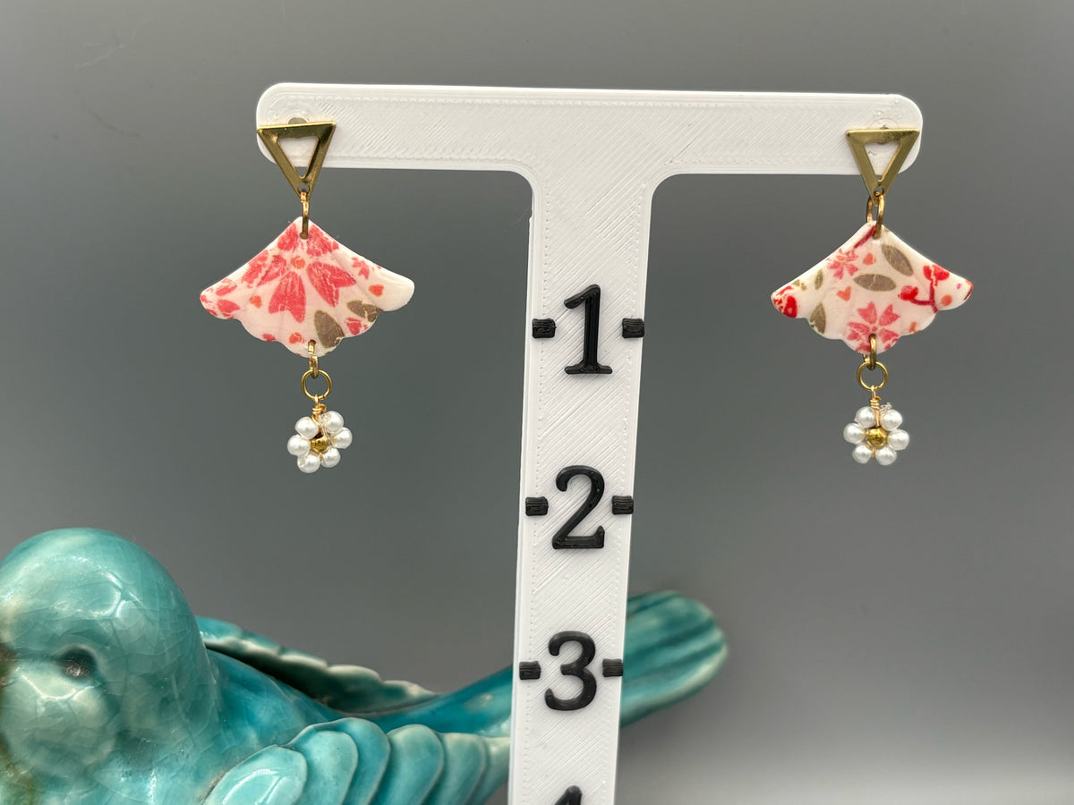 Flower Pattern Fan & Pearl Dangle Earrings - handcrafted polymer clay earrings by Lakeside Clay