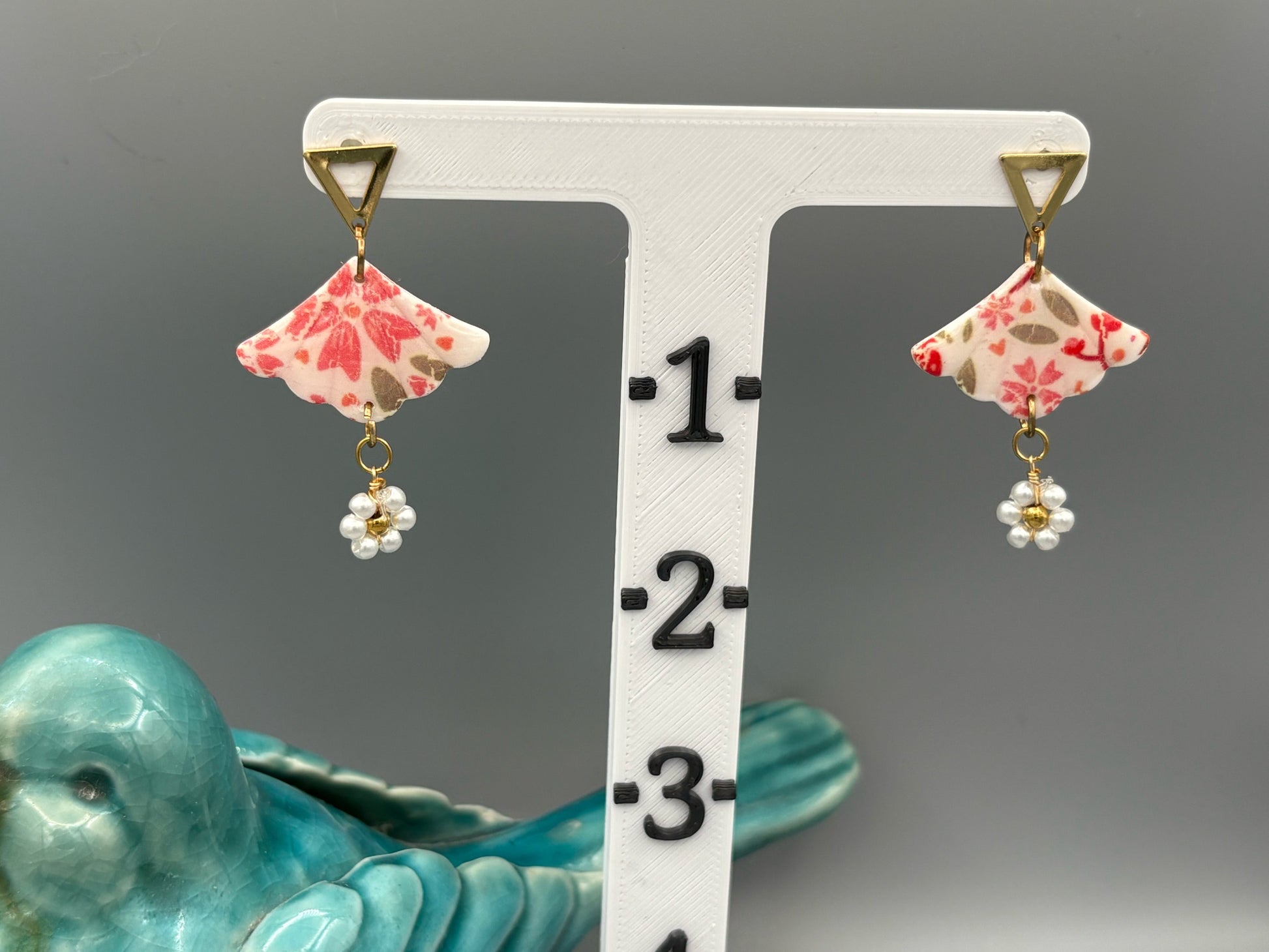 Flower Pattern Fan & Pearl Dangle Earrings - handcrafted polymer clay earrings by Lakeside Clay
