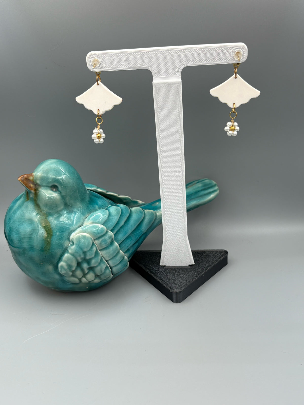 Flower Pattern Fan & Pearl Dangle Earrings - handcrafted polymer clay earrings by Lakeside Clay
